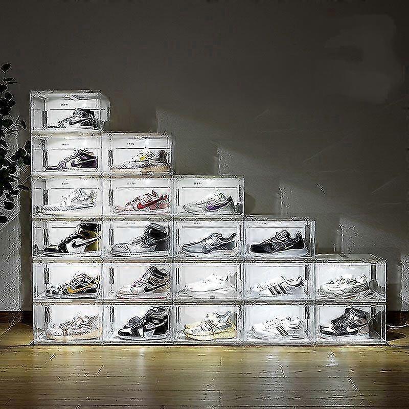 Transparent Plastic Magnetic Shoe Box with Voice Control LED Lighting Three-Speed Stackable & Foldable
