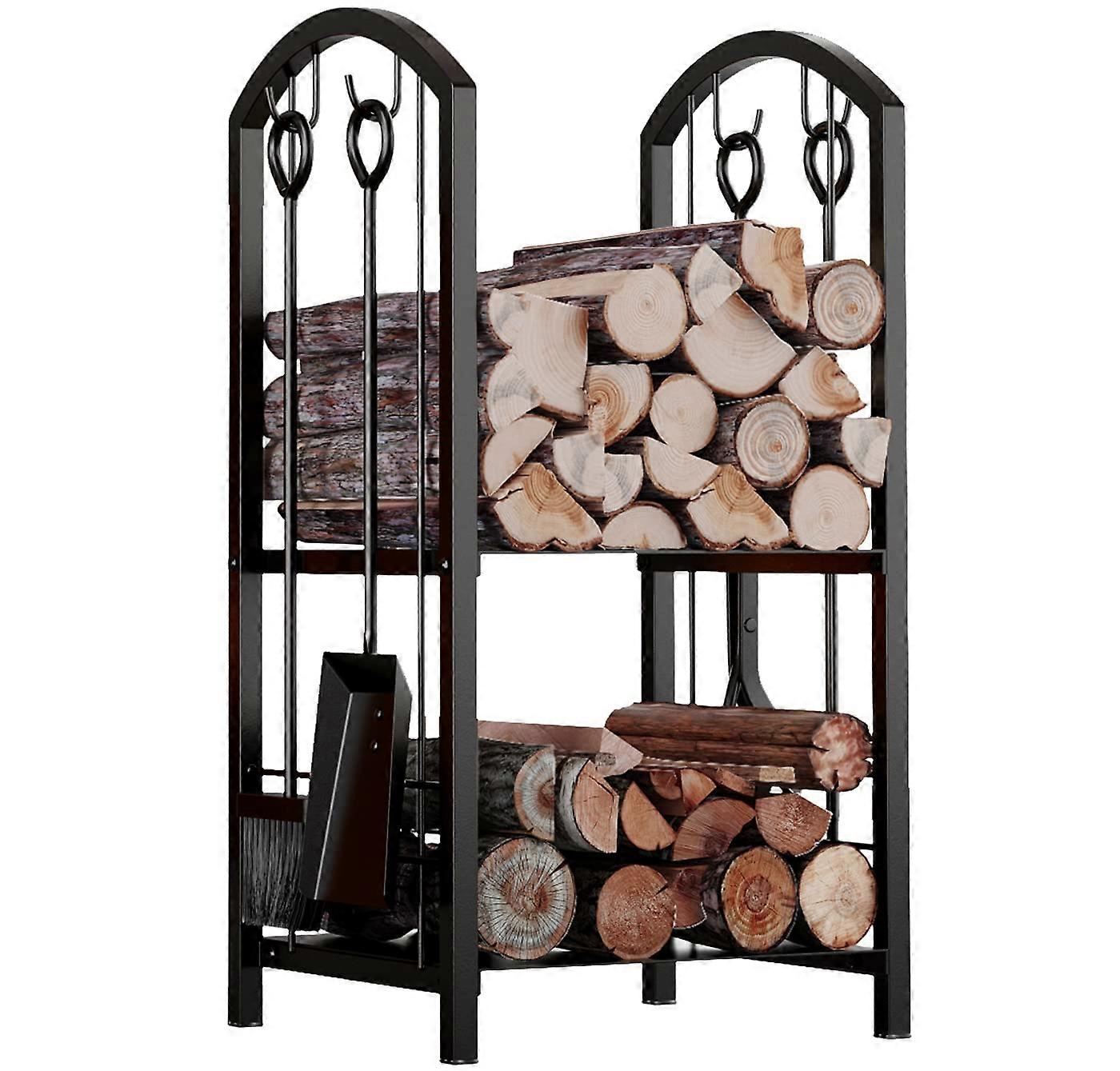 Fireplace Firewood Log Rack 5Piece Storage Logs Holder with Tools Set 4 with Tools Set Fireside Holders Wood Lumber Storage Stacking Black