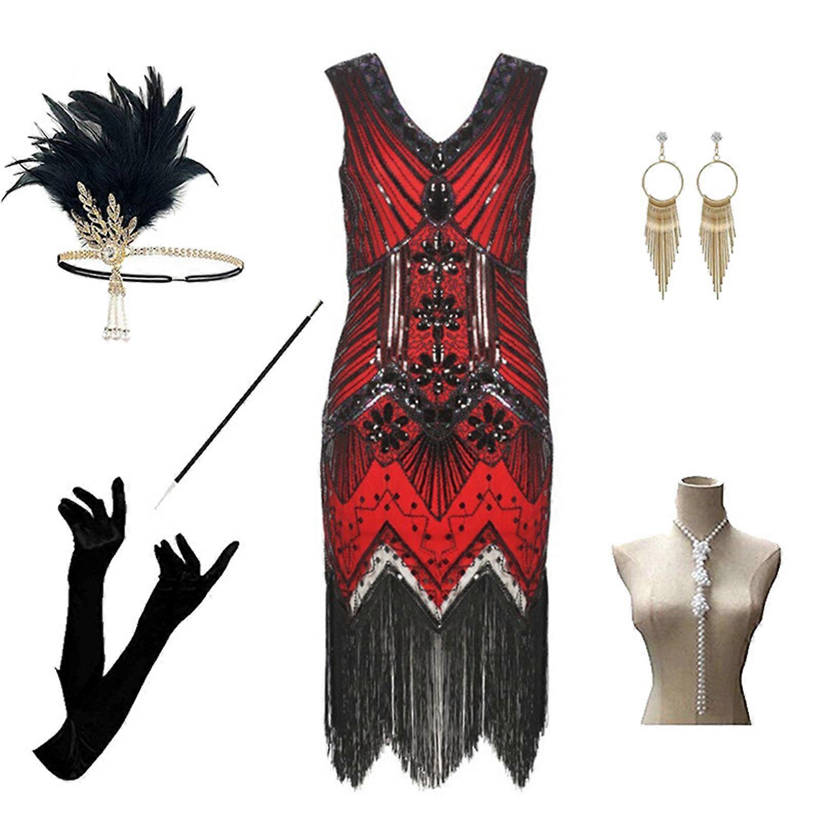 1 Set 1920s V-Neck Dress Elegant Beaded Sequined Fringe Dresses with Accessories for Evening Parties And Formal Event red suit XL