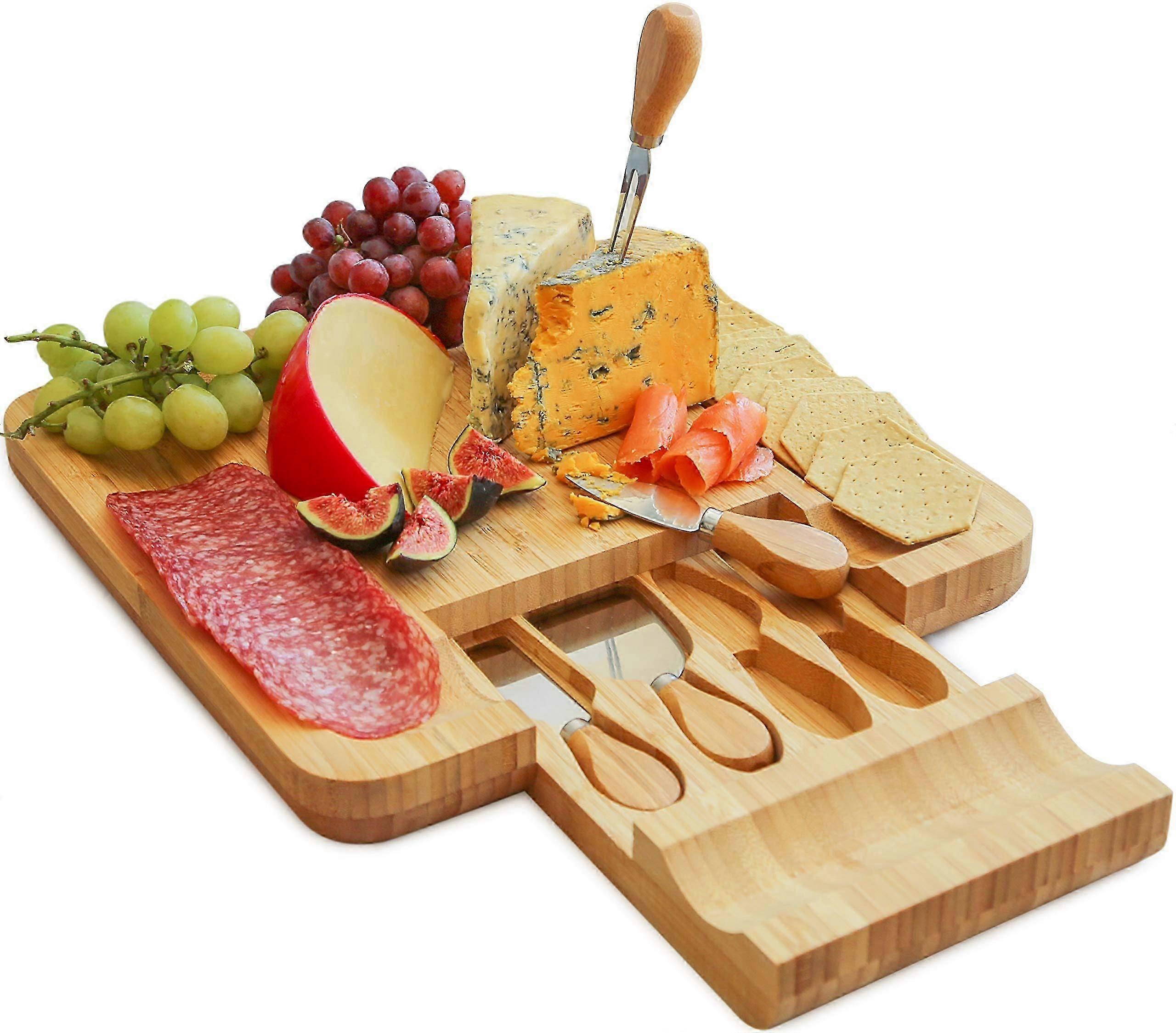 Set di taglieri e coltelli in bambù Ideale per servire formaggio, cracker, salame e cibo 33 cm x 33 cm x 3,5 cm