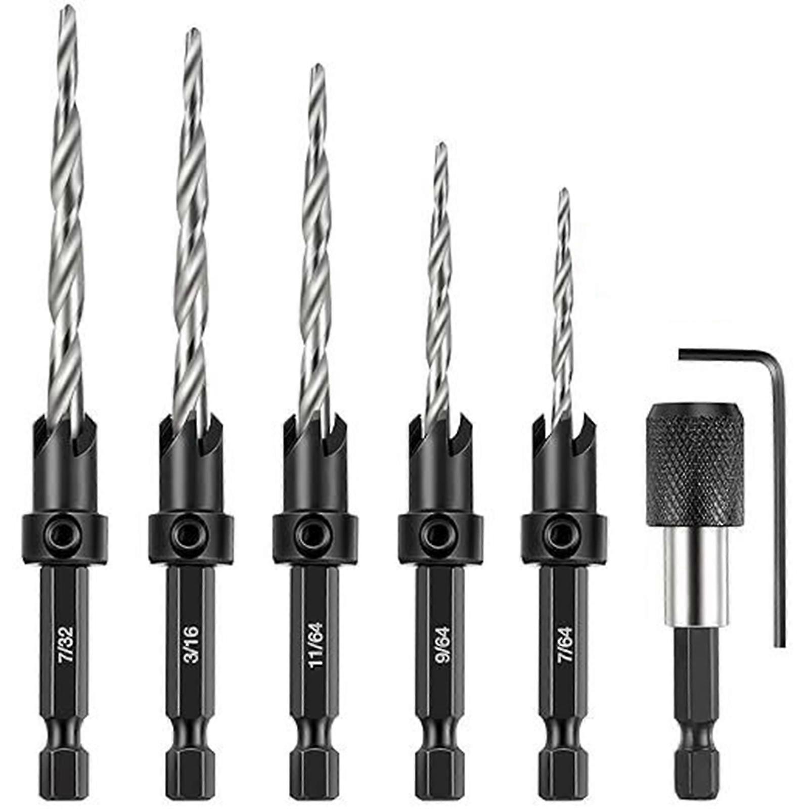 5Pcs Hex Shank Tapered Drill Countersinks Set For #4, 6, 8, 10, 12 Screws Reusable, Use With Round Shank Tapered Drill