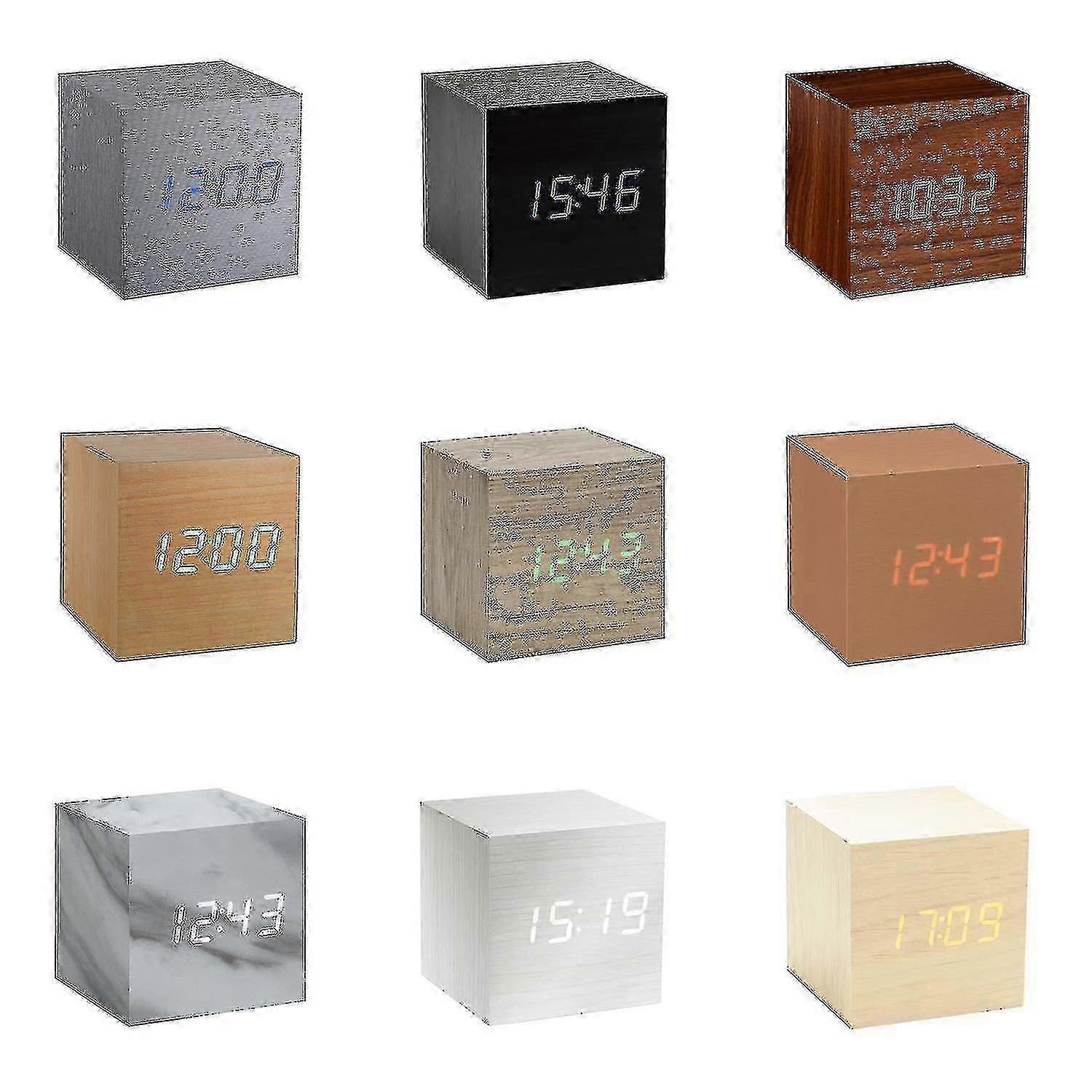Réveil cube LED à commande vocale avec affichage de l’heure, de la date et de la température, options multicolores, modèle A10