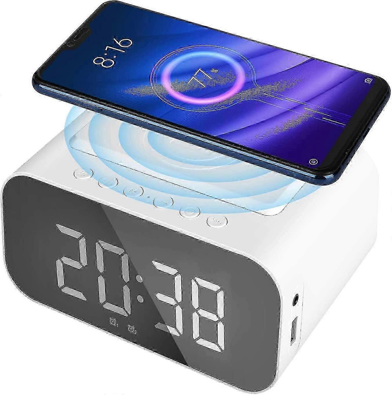 Clock Radio with Bluetooth Speaker, Wireless Charging Alarm Clock FM Radio, Mirror LED Display with