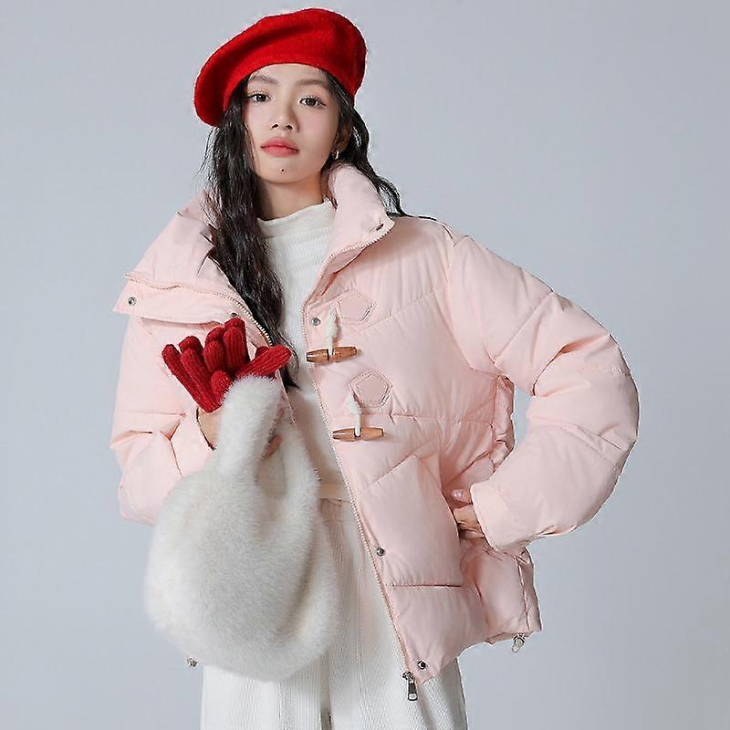 Women's Hooded Short Cotton Jacket with Horn Button, Versatile and Warm Winter Coat