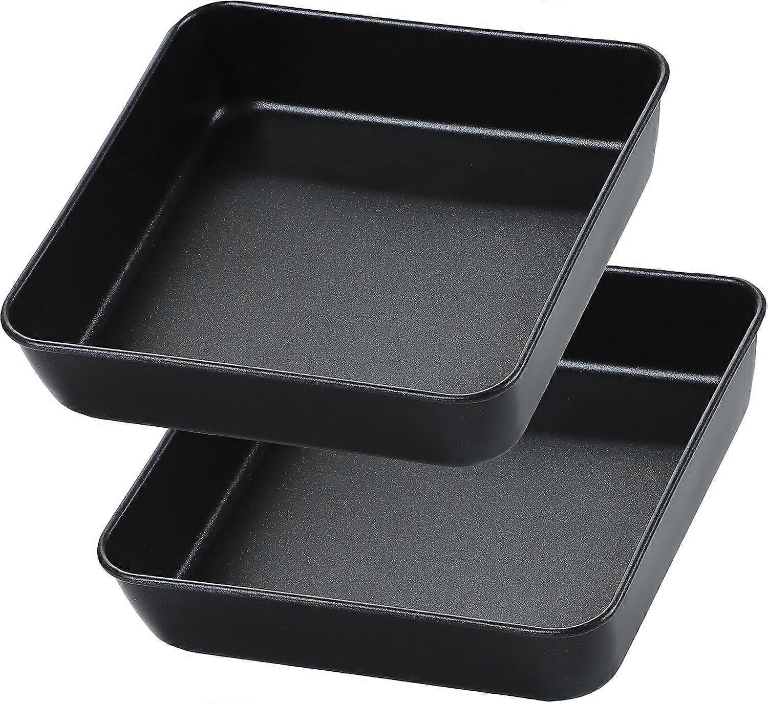 Herogo 8 Inch Baking Tin Set of 2, Non-Stick Square Deep Brownie Cake Tray for Baking, Roasting, Serving (Black)
