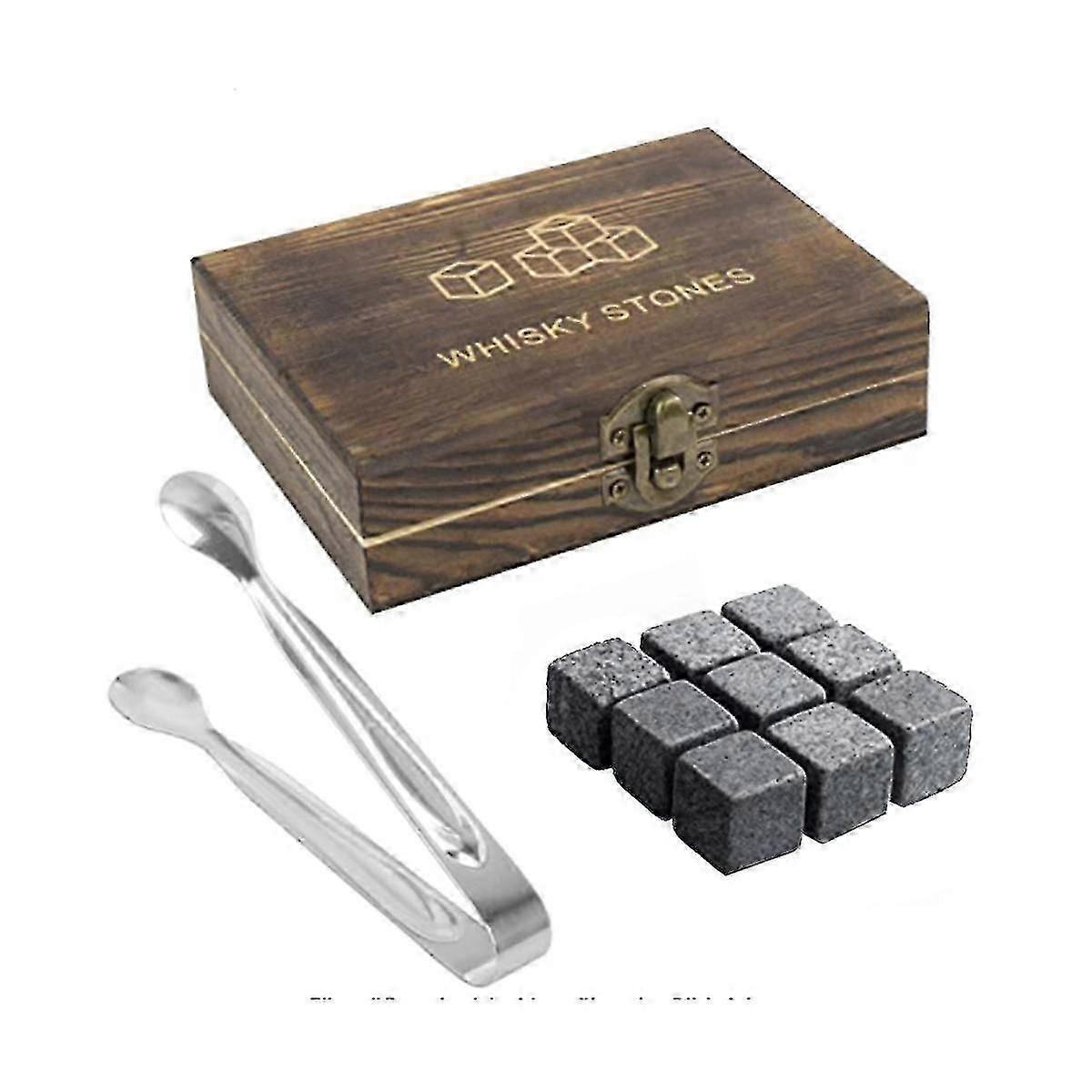 Reusable Granite Cooling Stones for Whiskey - 9-Piece Set with Wooden Box, Chilled Ice Cubes Alternative