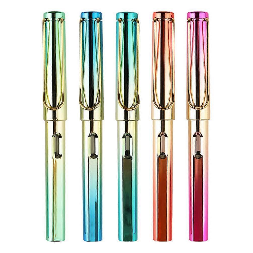 5Pcs Metal Fountain Pen, Fine Nib Smooth Writing Pen Rainbow Color Fountain Pens Calligraphy Journal Pens without Ink Stationery Scribe Tool