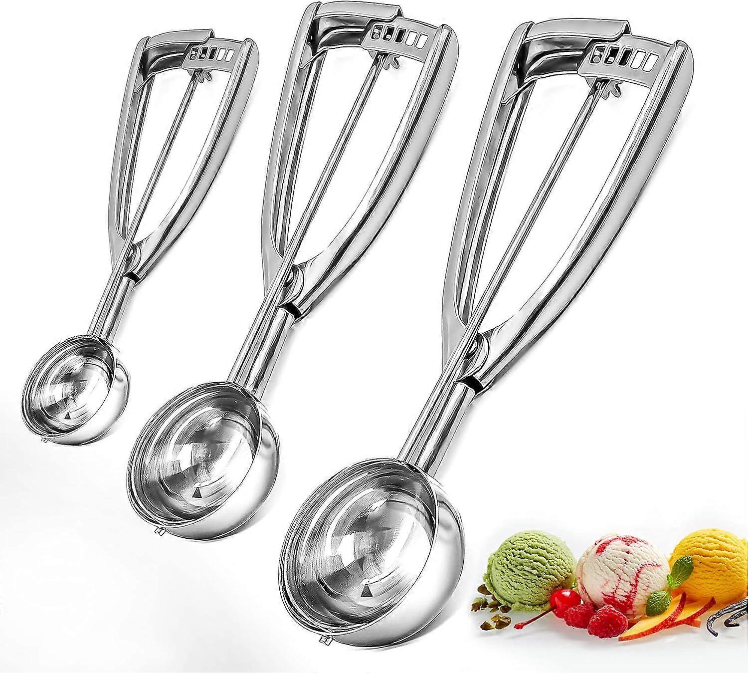 Bixel Ice Cream Scoops with Easy Trigger Set of 3 Large (6.3CM), Medium (5CM), Small (4CM) 304 Stainless Steel Ice Cream Scoop for Melon, Muffin, Sor