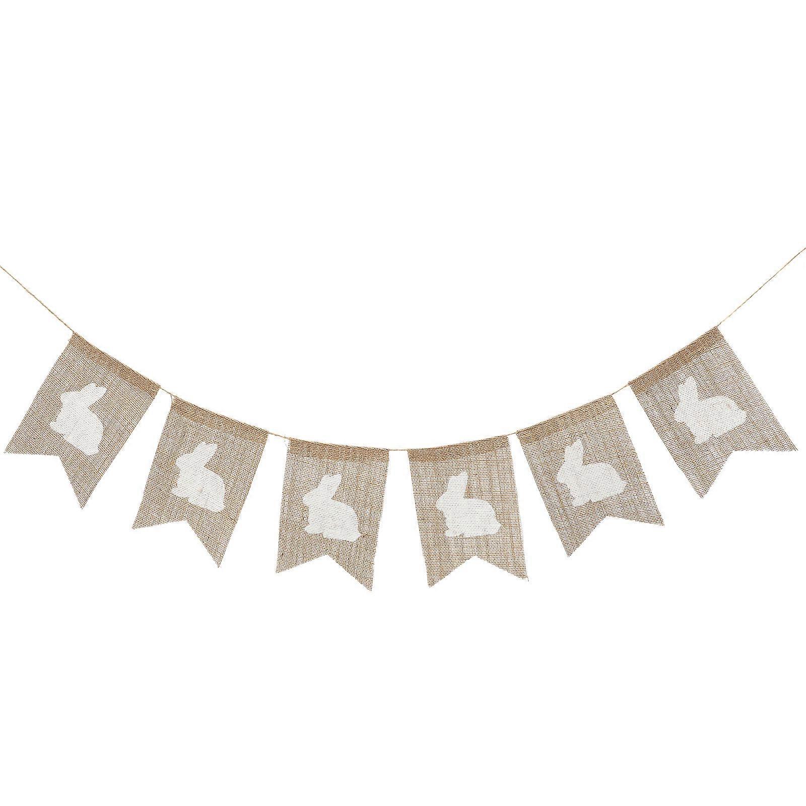 Rabbit Banner For Party Rustic Bunting Outdoor Decoration White Linen Triangle Shape 6 Flags Per Set
