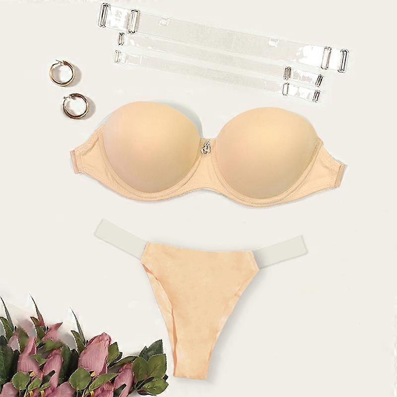Women Invisible Bra and Thong with Transparent Straps Beige Invisible Padded Push Up Lingerie Bra with Wired 70B-85B 70C-85C