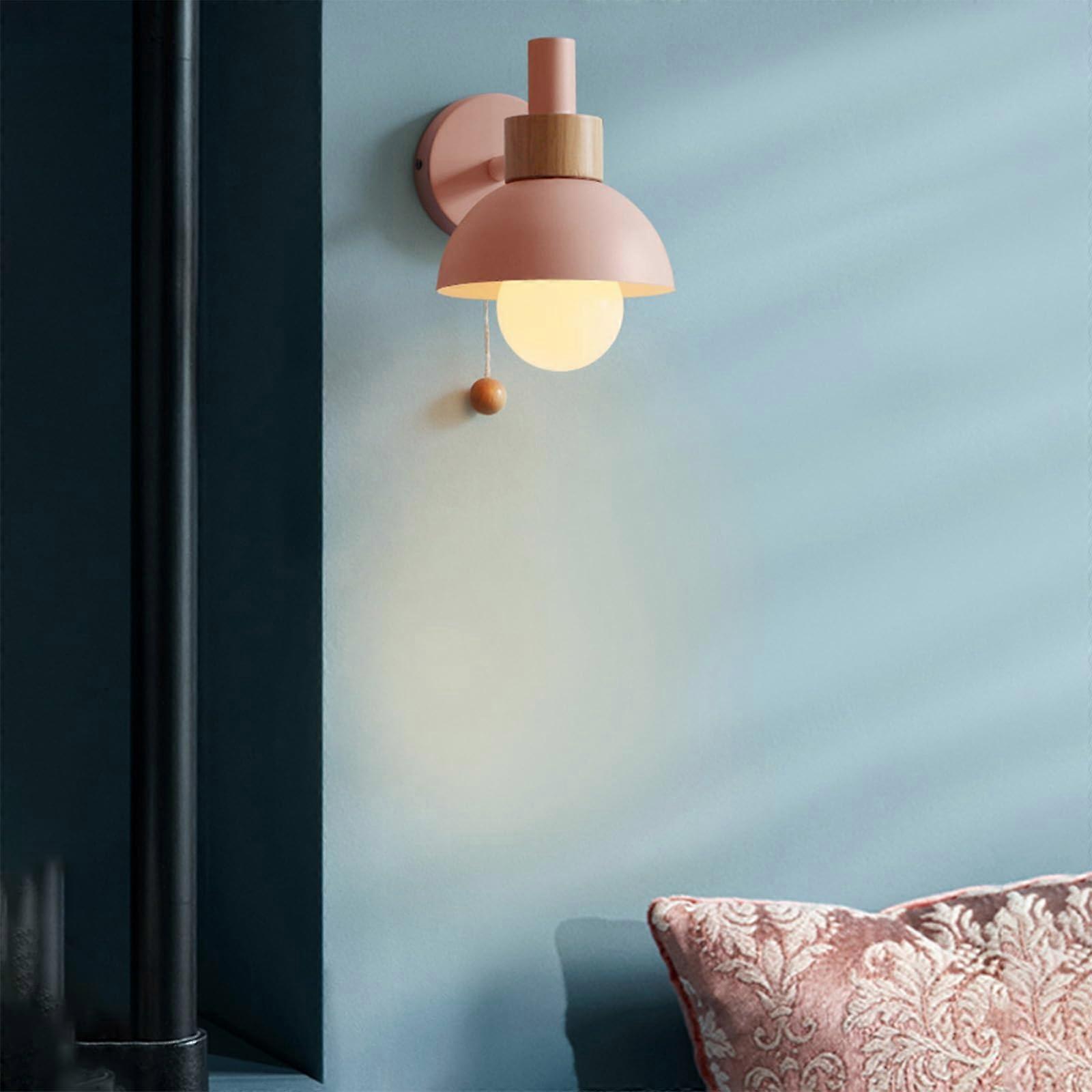 Modern Indoor Wall Lamp E27 Base with Pull Cord Switch Wood Metal Pink