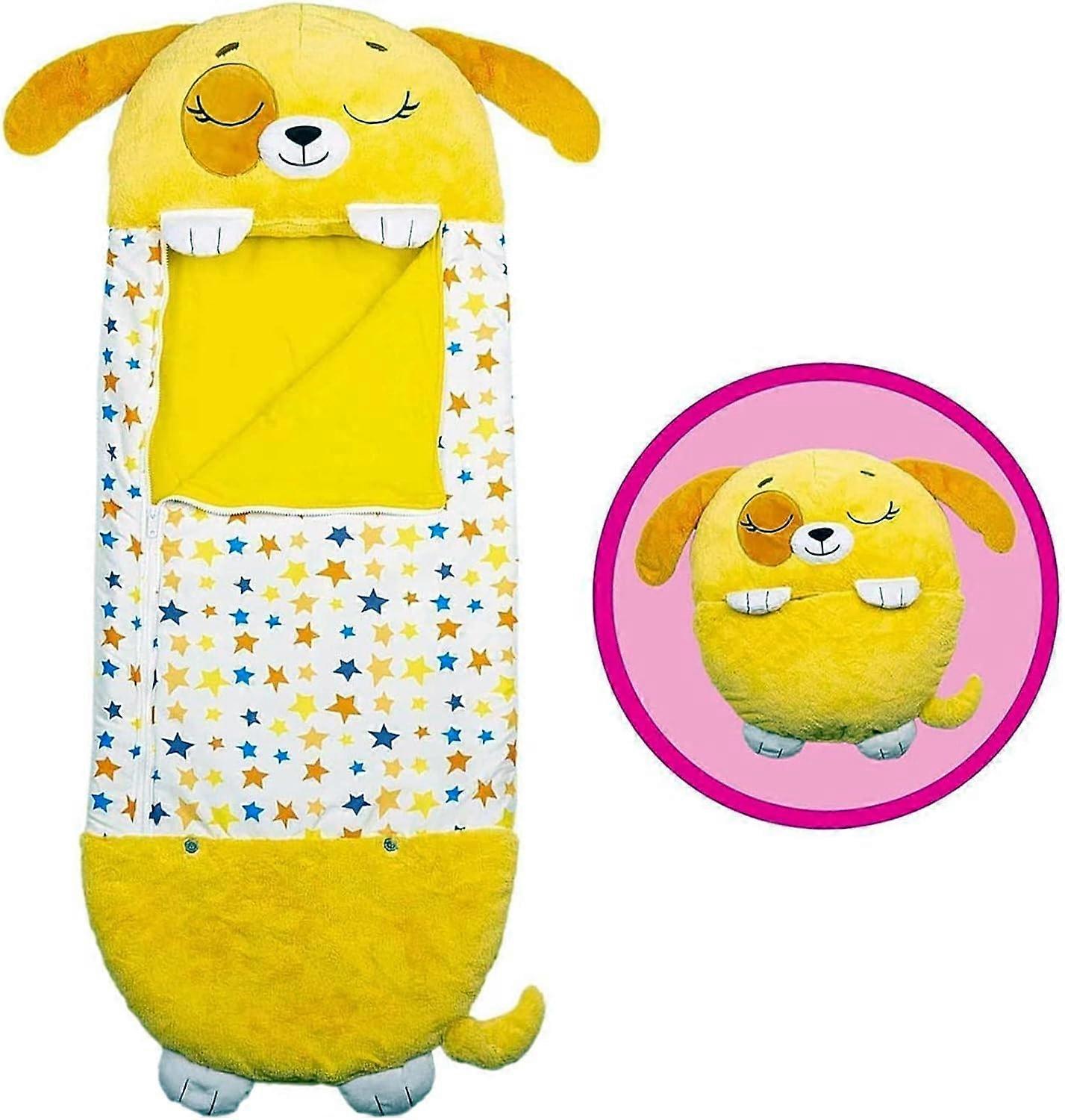Sleeping Bag Folding Pillow, 2 in 1, Kids Napping Anti-Kick Cartoon Sleeping Bag, Puppy Style, Yellow