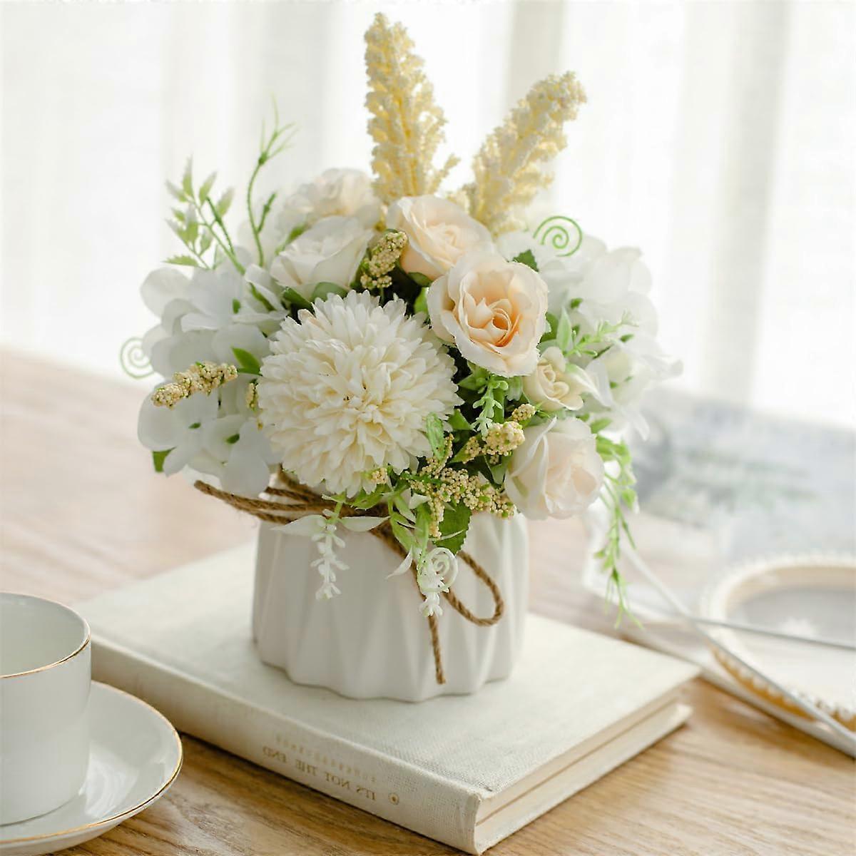 Artificial Flowers in Small Ceramic Vase - Mini Silk Plants for Indoor Table Decor, Wedding, Party, Windowsill, Spring Decorations, White