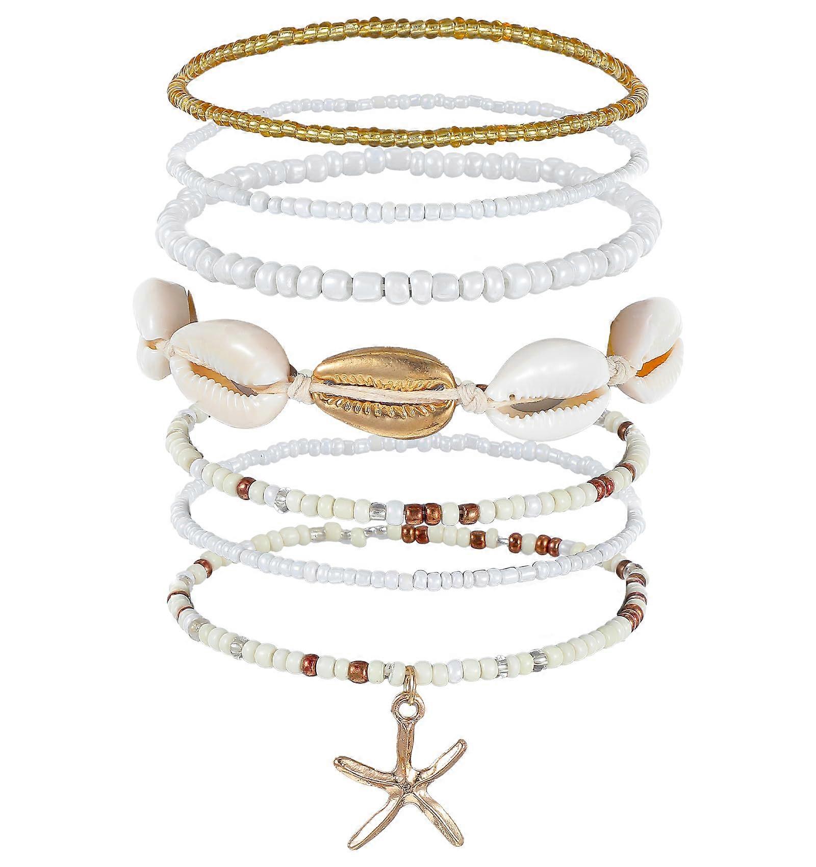 7Piece Pearl Bracelet Set for Women, Handmade Shell with Starfish Charm, Adjustable Elastic, Gift