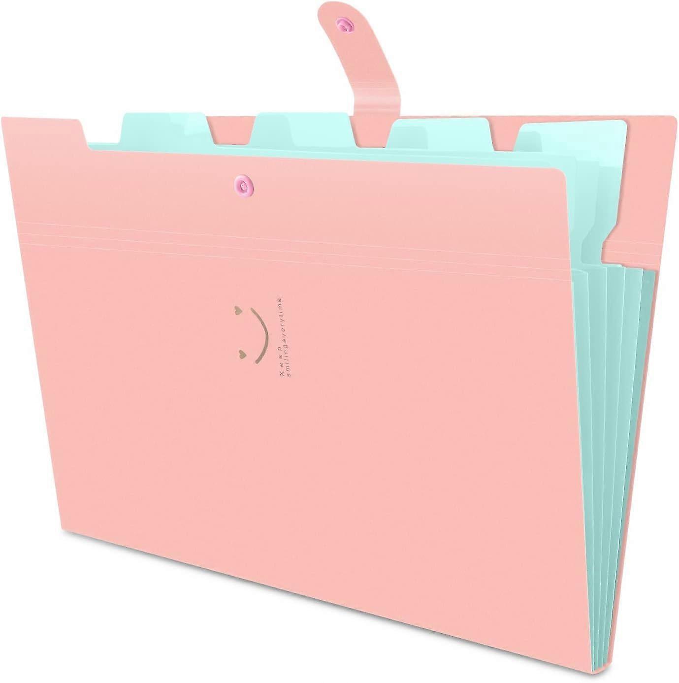 1pc Expansion Folder, A4 Paper Accordion File Pouch Buckle Closure, 5 Pockets (Pink)