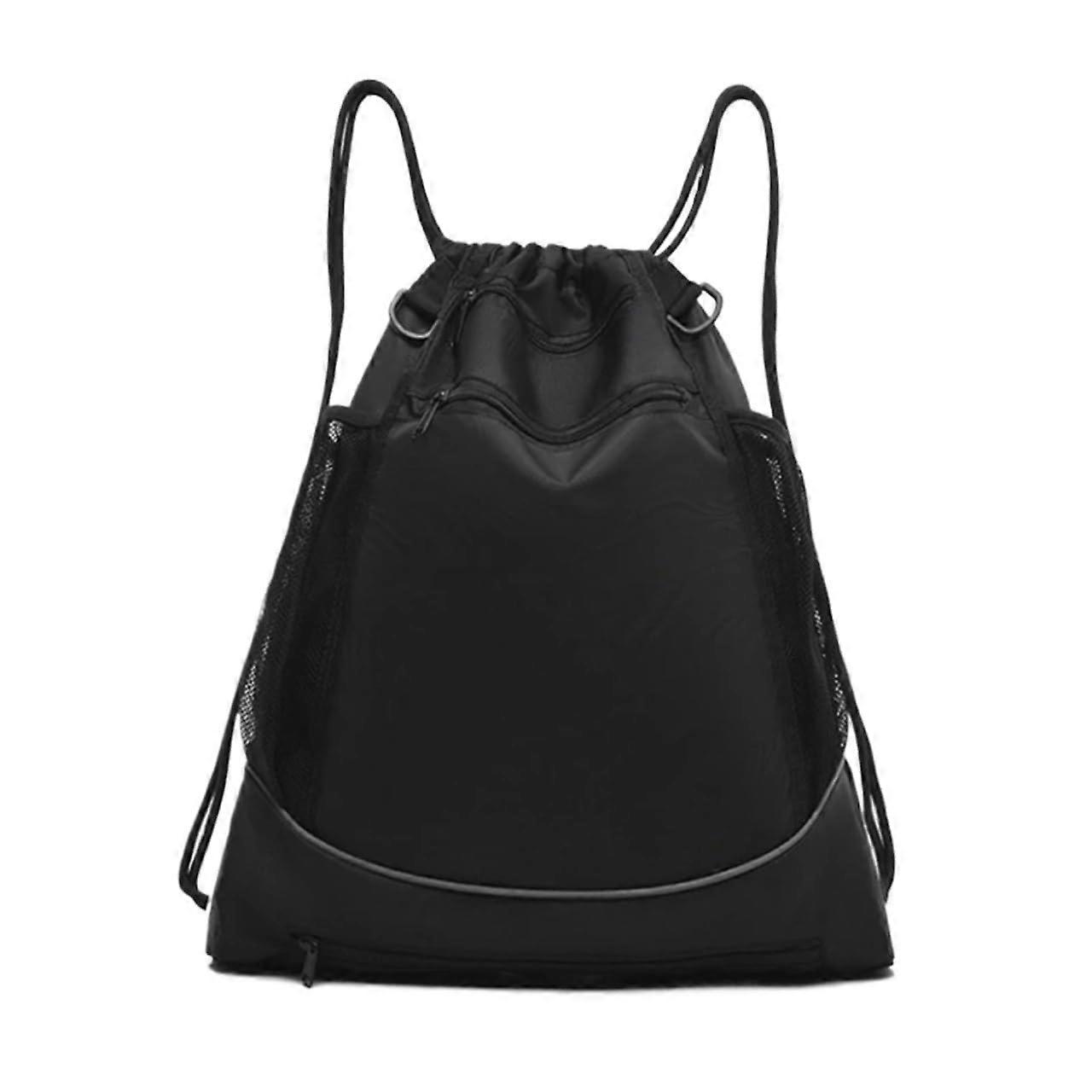 Basketball bag with drawstring, multiple pockets, side mesh, portable carrier, expandable backpack (Black)
