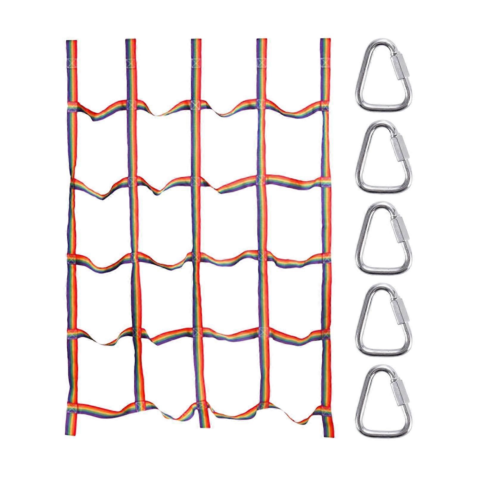 Kids Climbing Net, Portable Rainbow Webbing, Climbing Net with Ladder, Strength Rope, Cargo Obstacle Course with Triangle Rings, 57 x 72 Inch