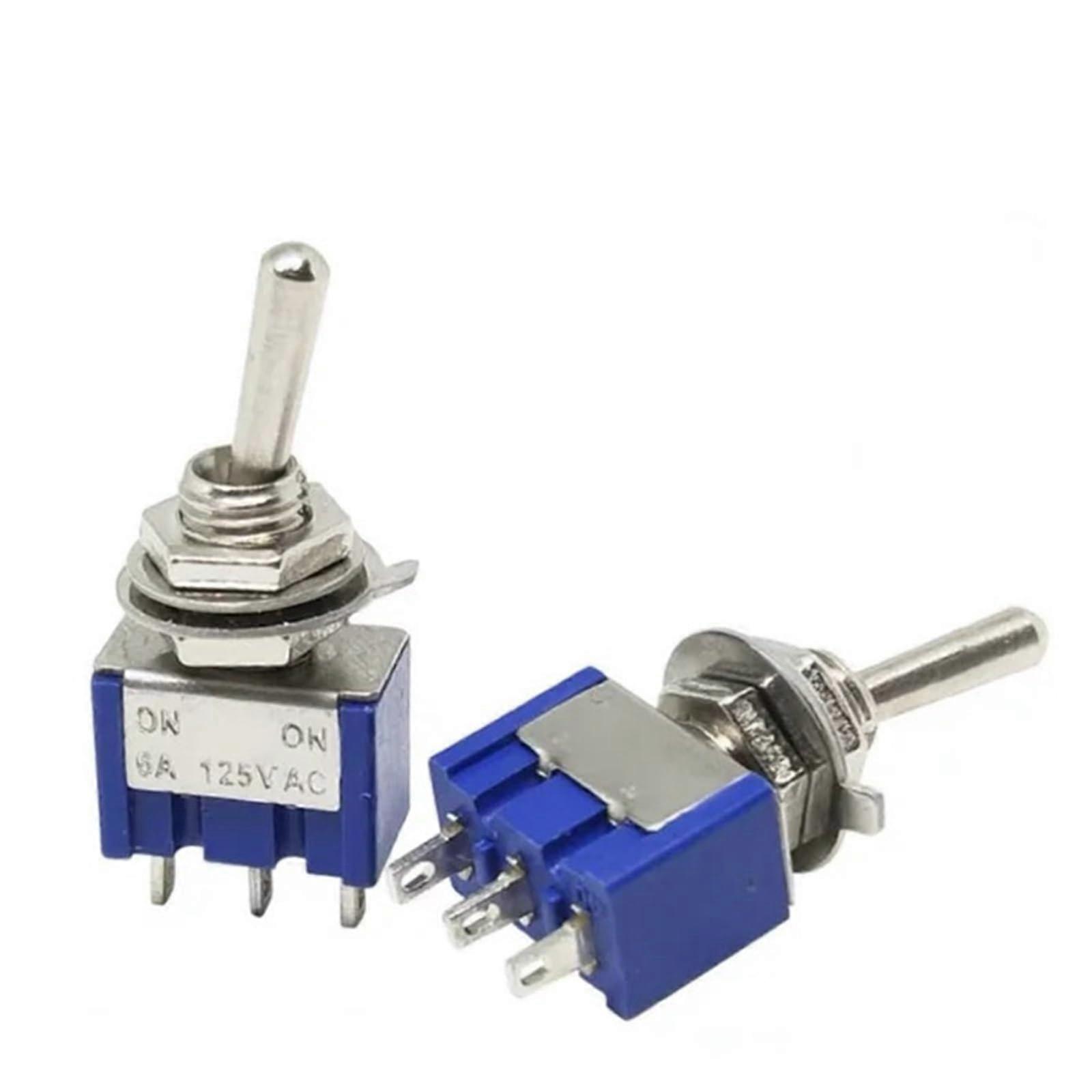 5Pcs Miniature Lever Toggle Switch Single Pole Double Throw ONOffON/ONON 120VAC 6A 1/4 Inch Mounting MTS102 103 202 203(3Pin ONON Blue)