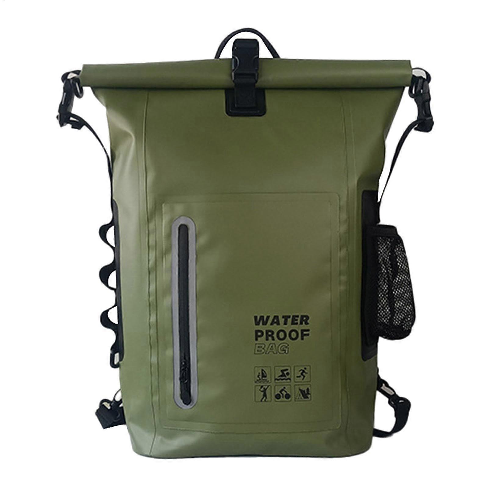 Hiking Backpack 25L Waterproof Lightweight Daypack Army Green With Reflective Strips For Kayaking Rafting Beach Boating