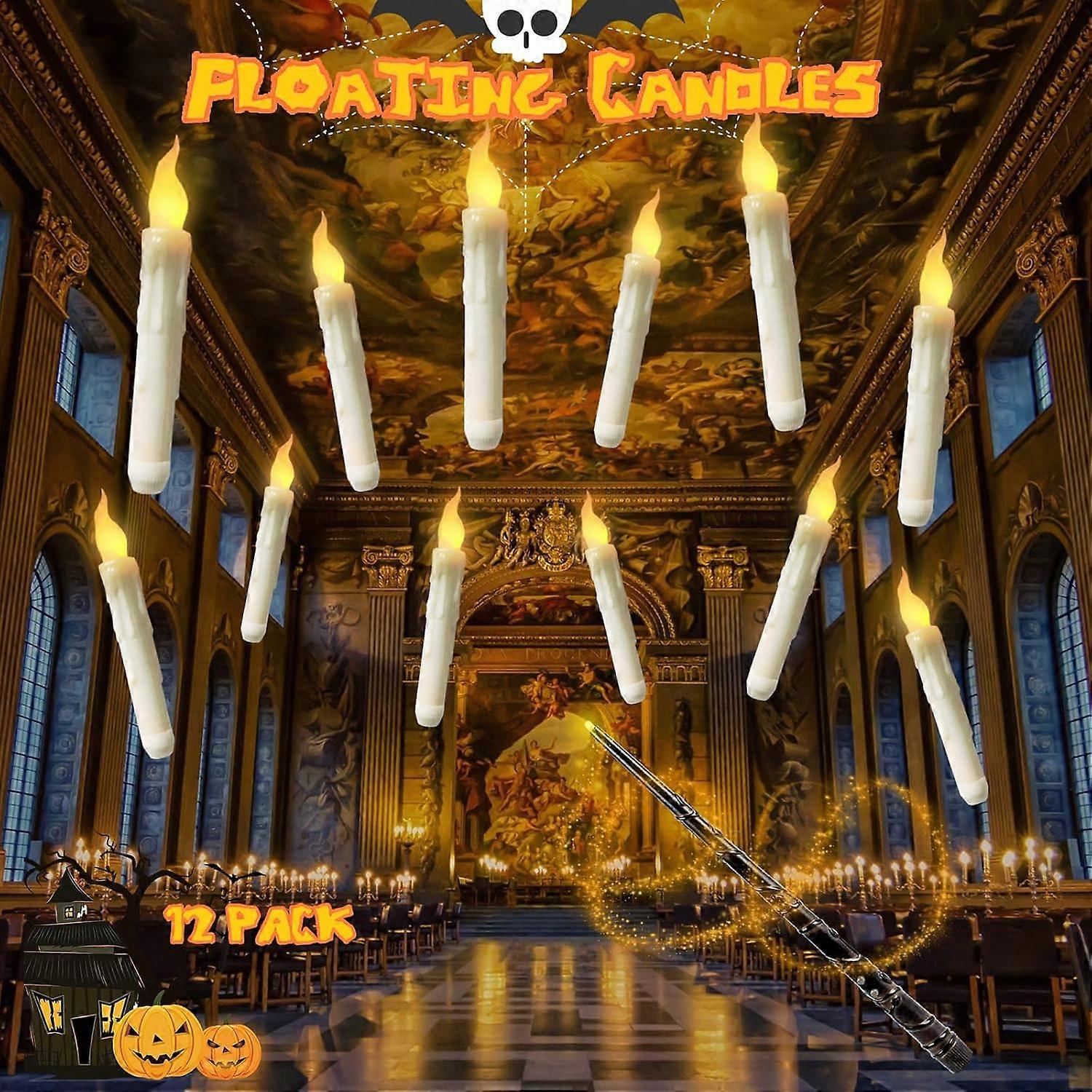 Magische schwebende Kerzen mit Zauberstab-Fernbedienung - 12er-Pack flammenlose LED-Hängekerzen, flackerndes warmes Licht für Halloween-Dekoration, Weihnachten, Partys