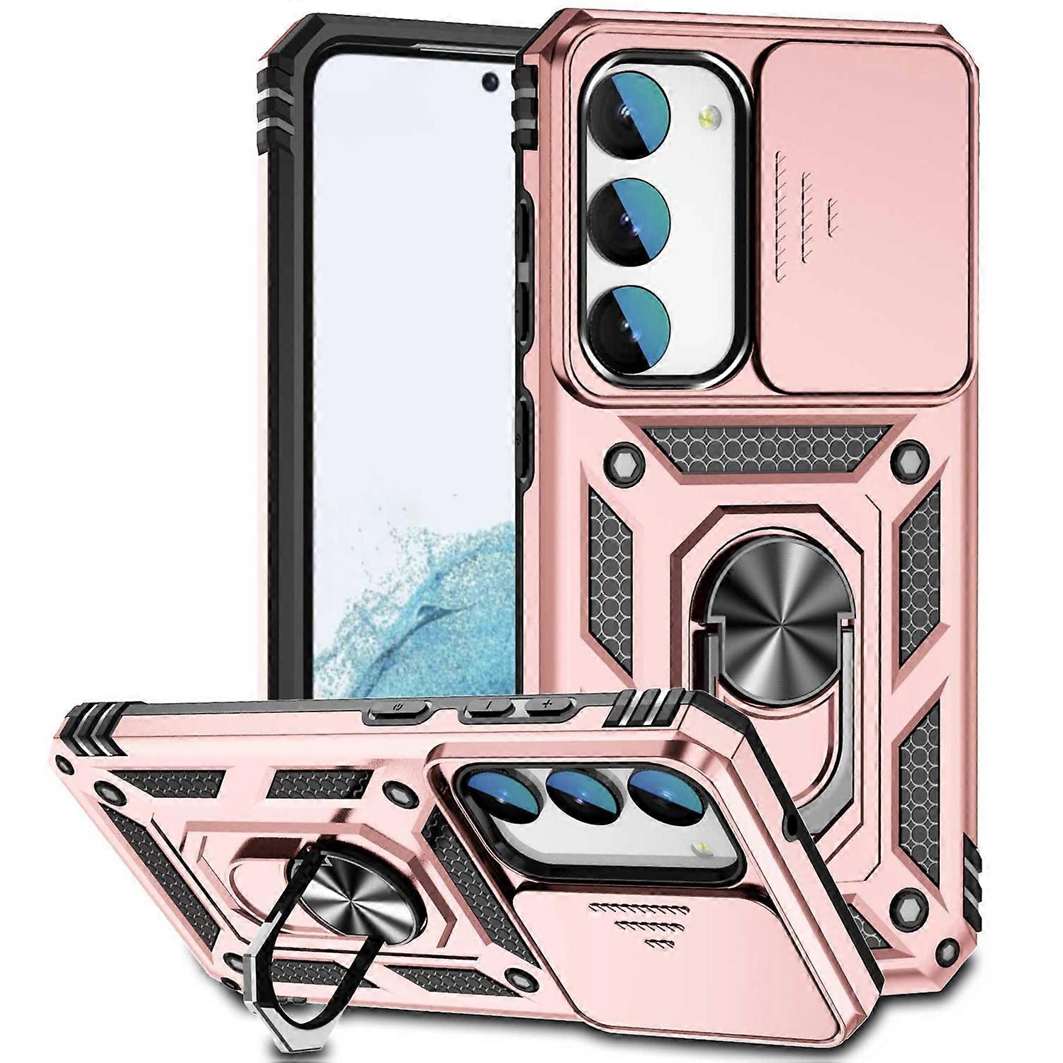 For Samsung Galaxy S23 Case Slide Camera Lid PC+TPU Phone Cover with Kickstand - Rose Gold