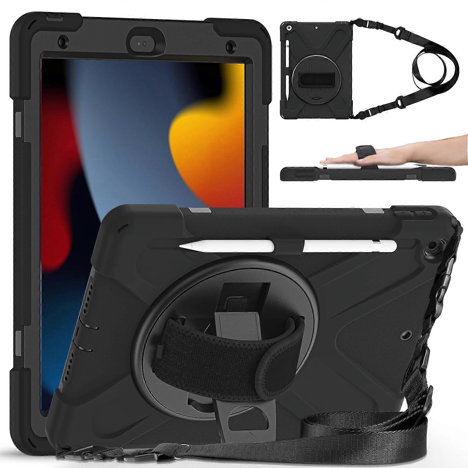 iPad Case 10.2 9th7th Gen Heavy Duty Shockproof With 360 Rotating Stand, Shoulder/Hand Strap, Pencil Holder Black