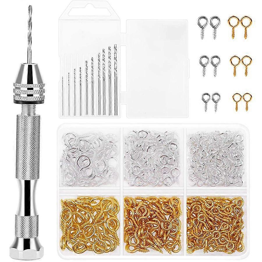 Resin Tools Kit with 1Pcs Pin Vise Hand Drill 10Pcs Drill Bits and 400Pcs Screw Eye Pins for DIY Ke
