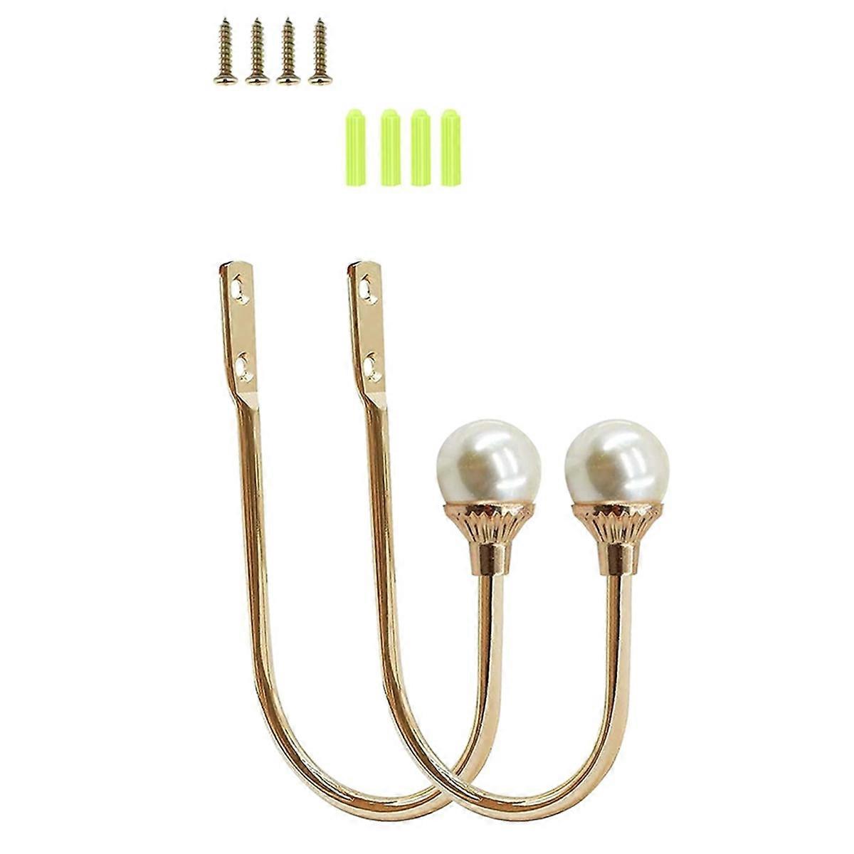 Gold Plastic Pearl U-Shaped Curtain Tie-Backs with Screws, Wall-Mounted Hooks for Home Office Curtains