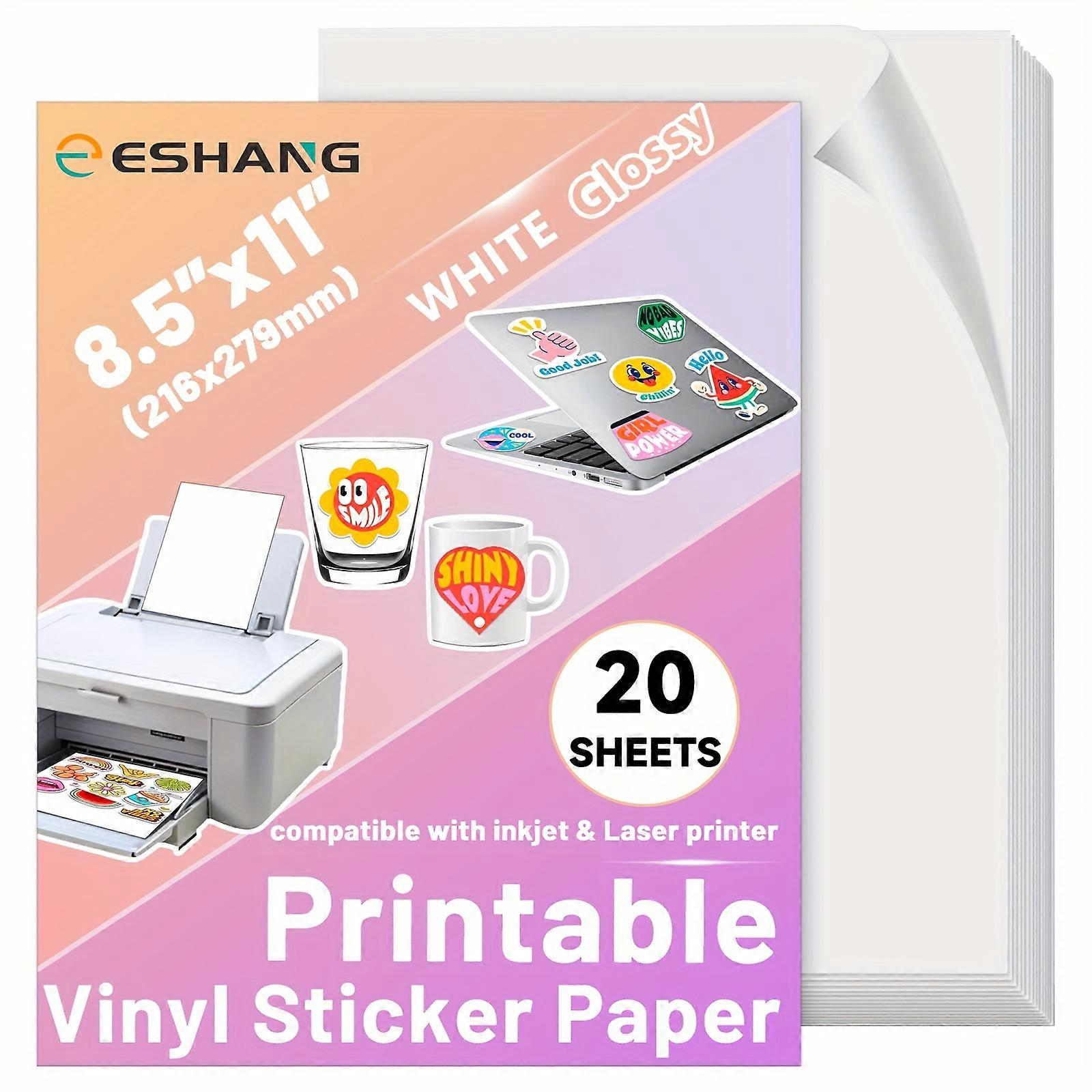 20 Self-Adhesive Sheets Glossy White Letter Size 8.5"x11" Printable Vinyl Sticker Paper for Inkjet Printer Waterproof Decal Paper