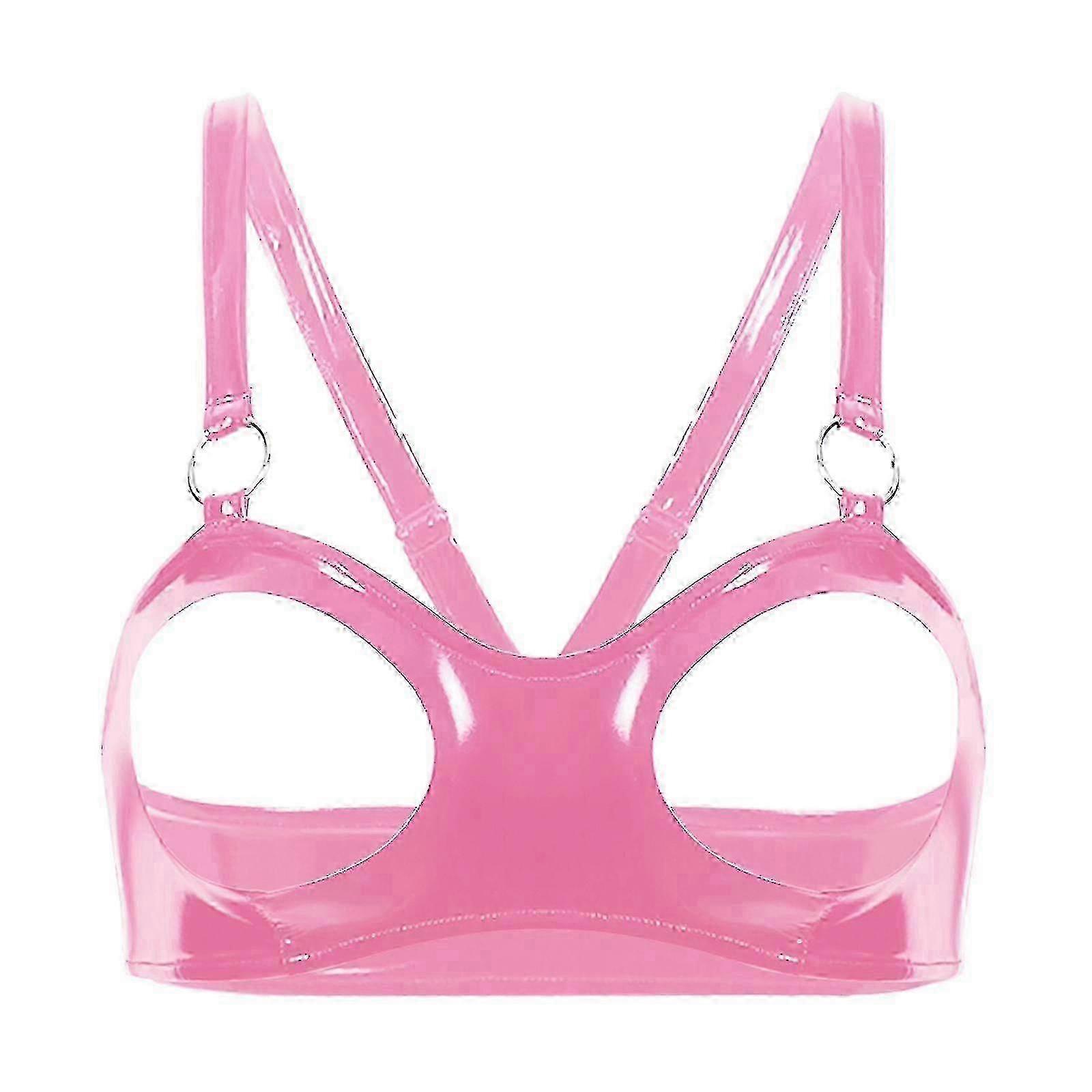 Otwoo Womens Wet Look Patent Läder BH Underkläder Halter Halta Halta Hals Öppna Bröst Underkläder Bralette Underkläder Öppna Kupor Trådlösa Hylla BH Top