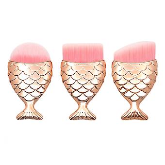 Veeki 3pcs  Mermaid foundation brush, Gold handlemakeup brush blush brush beauty makeup tools(round head, flat head, oblique head)