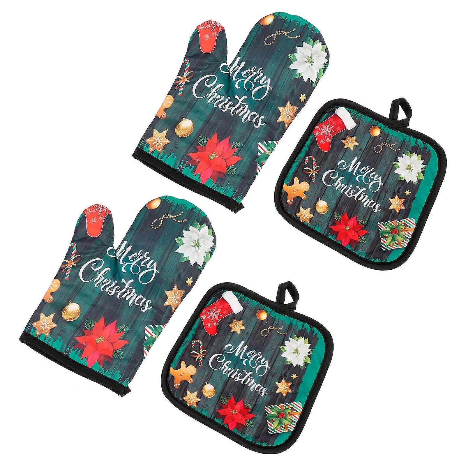 4 Sets Kitchen Heat Resistant Gloves Green Suitable For Baking Enthusiasts With Rectangular Shape Ideal For Christmas Occasions