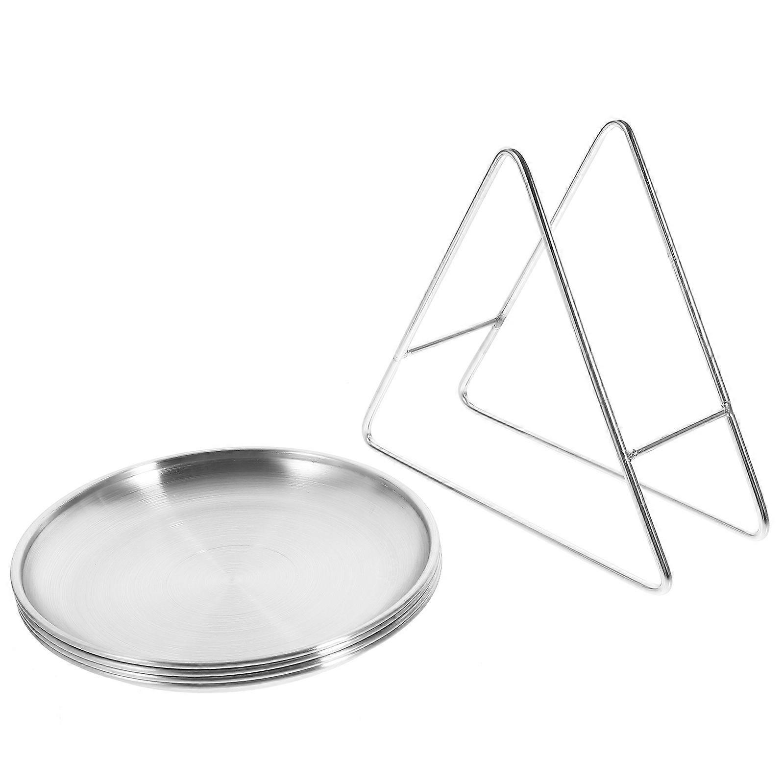 Round Stainless Steel Plates With Rack Ideal For Kitchenware Dinner Events 4-Pcs Silver Storage Function