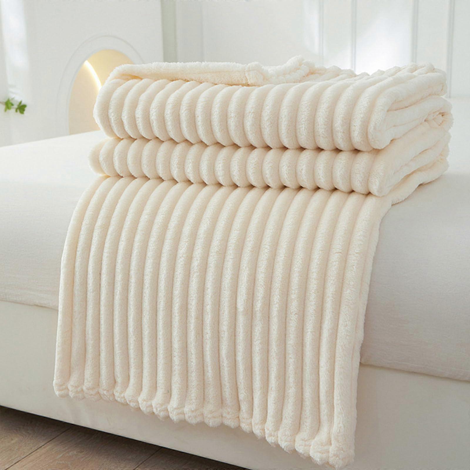 Flannel Blanket Throw 150x200cm Beige AllSeason Soft Throw For Sofas Beds Travel Striped SolidColor Design