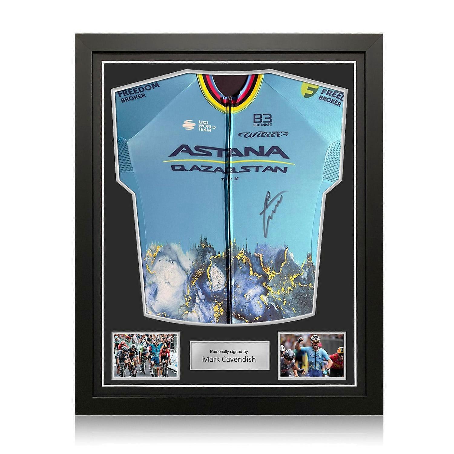 Mark Cavendish Signed 2024 Astana World Champion Edition Jersey. Standard Frame
