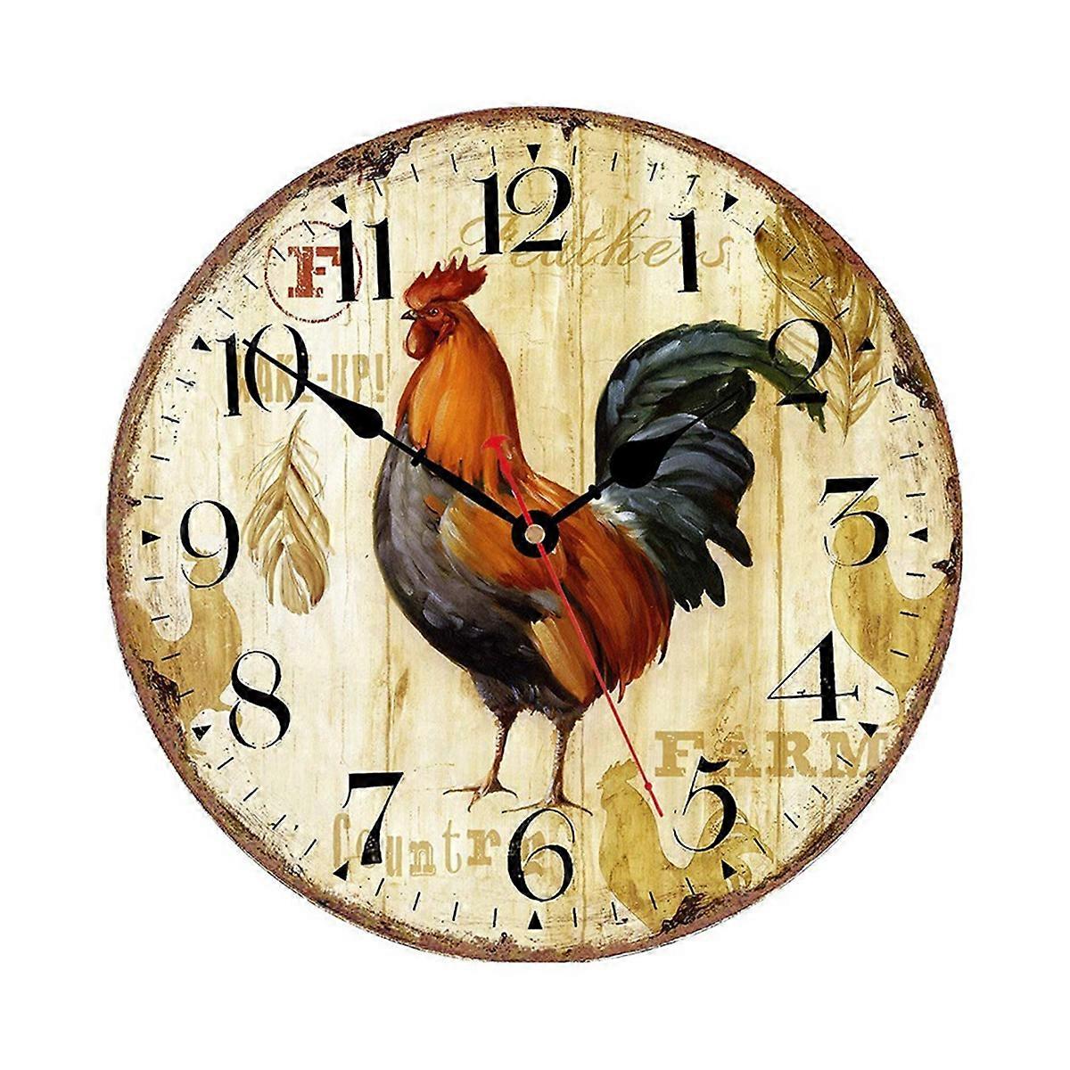 12 Inch Rustic Rooster Silent Non Ticking Wall Clock