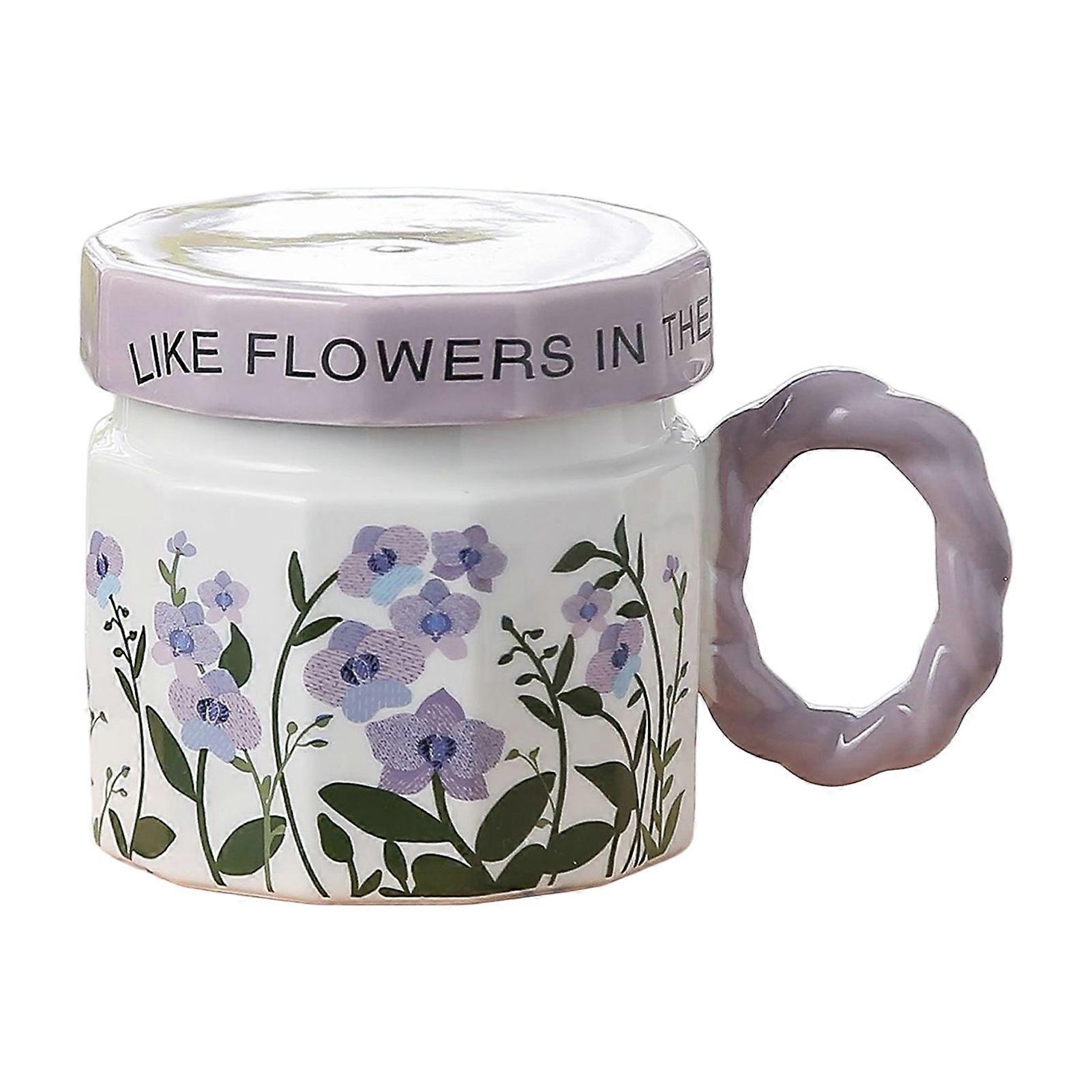 Floral Pattern Ceramic Mug with Lid Large Capacity Aesthetic Design Elegant