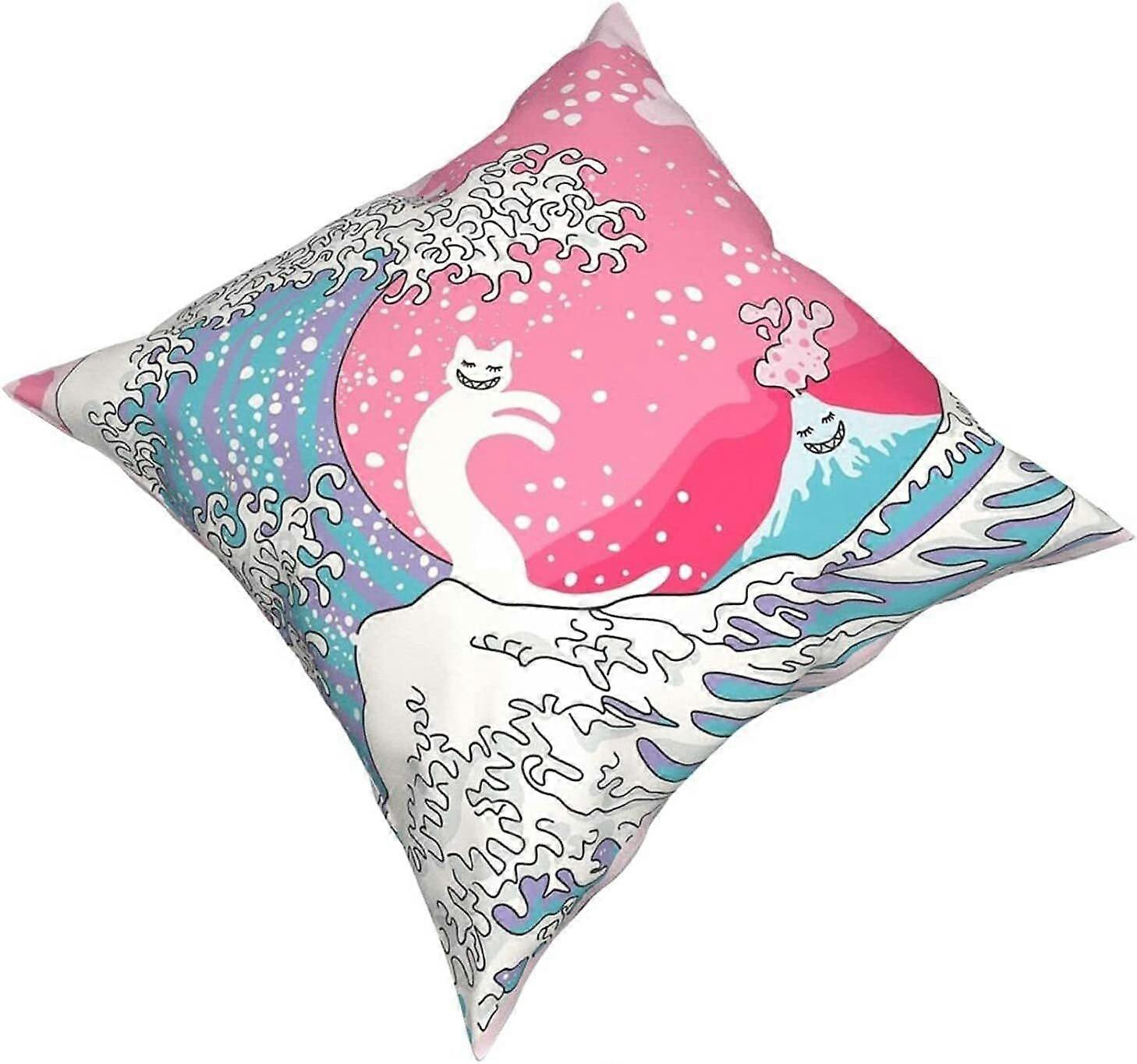 v1075サイコデリックバブルガム名川サーファーキャットタペストリー枕カバーファッションスクエア枕カバークッションカバー装飾スロー枕カバー18×18インチ45