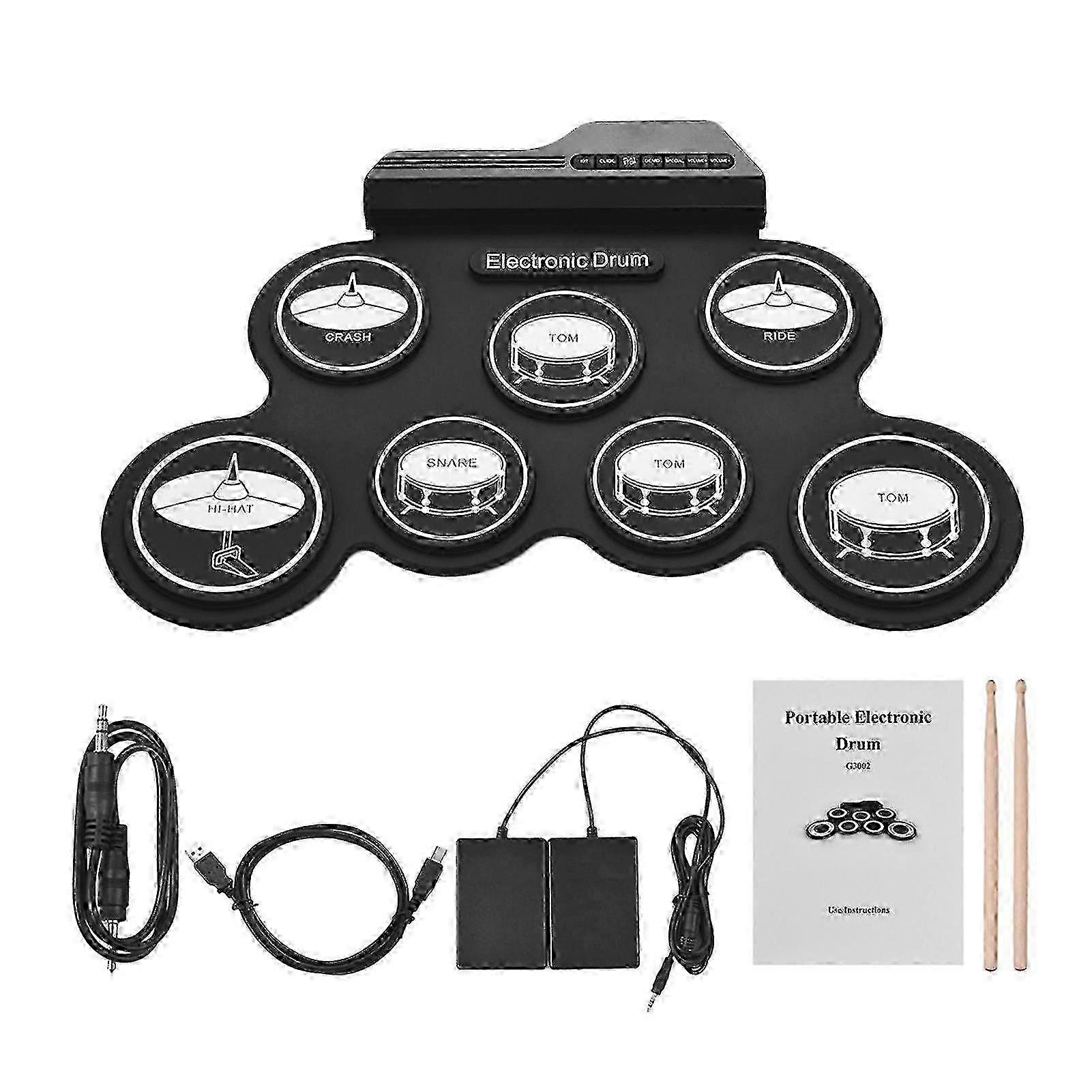 Electronic 7 Silicone Pads Drum Set USB Roll-Up Digital Foldable Electric Portable Practice With Pedal Drums for Kids Beginners