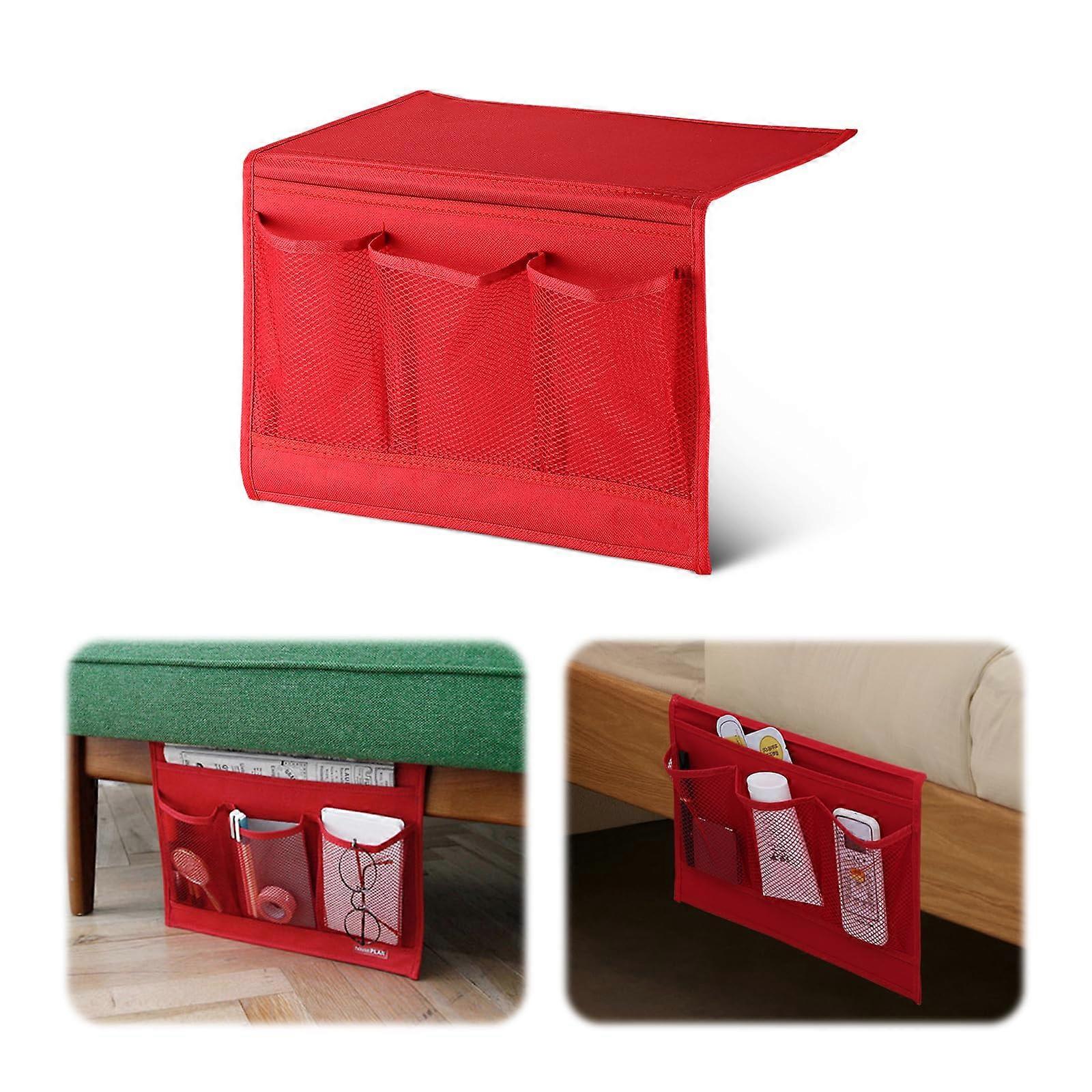 Bedside Caddy with 4 Pockets for Remote, Magazine and Phone Storage, Sofa Armrest Organizer Bag Red