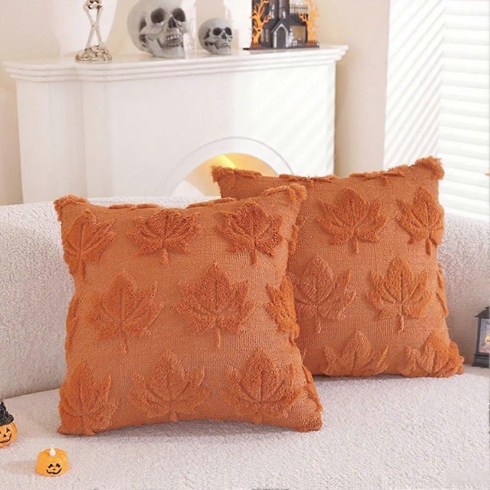 Autumn Throw Pillow Covers Set of 2 40x40cm Soft Faux Fur with Maple Leaf Design for Fall Thanksgiving Halloween Decor Red