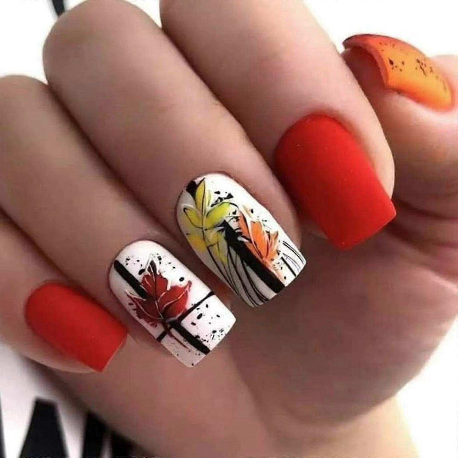 Autumn Matte Press On Nail With Red Orange Maple Leaf Graffiti Design For Thanksgiving Fall Parties Multicolor