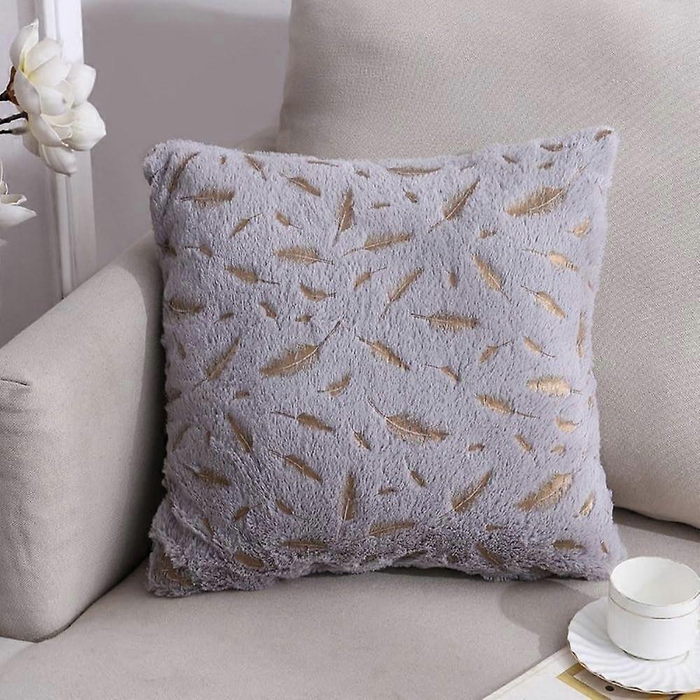 Plush Grey Throw Pillow Covers with Gold Feather Design for Sofa or Bed, 18'x18', Set of 2