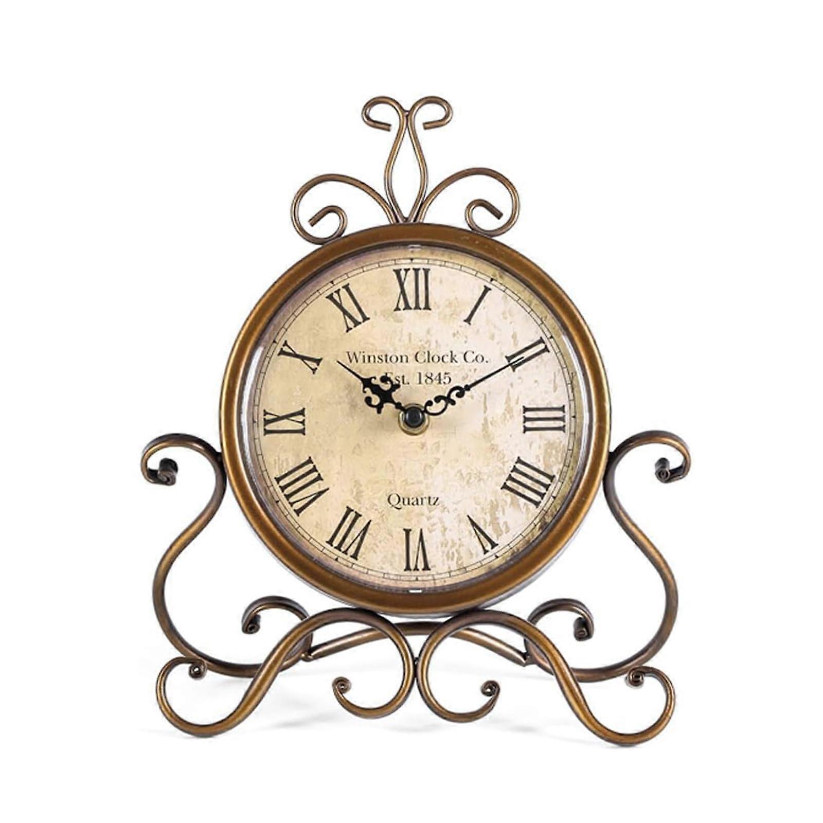 Vintage Wrought Iron Mantel Clock with Roman Numerals, Silent Table Shelf Clock for Rustic Farmhouse Home Decor