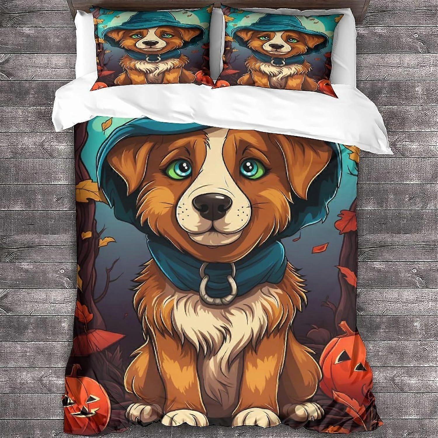 Conjunto de cama LikeEj com estampa de cachorro, capa de edredom 3D de Halloween, macia, em microfibra, 3 peças, decoração para quarto de casal.