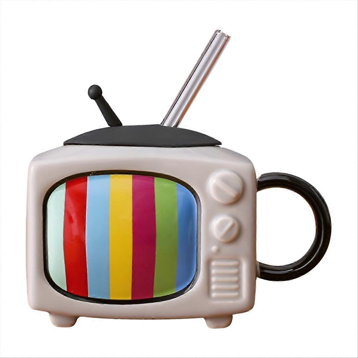 Ceramic Square Coffee Cup Set with Straw Retro TV - Light Gray