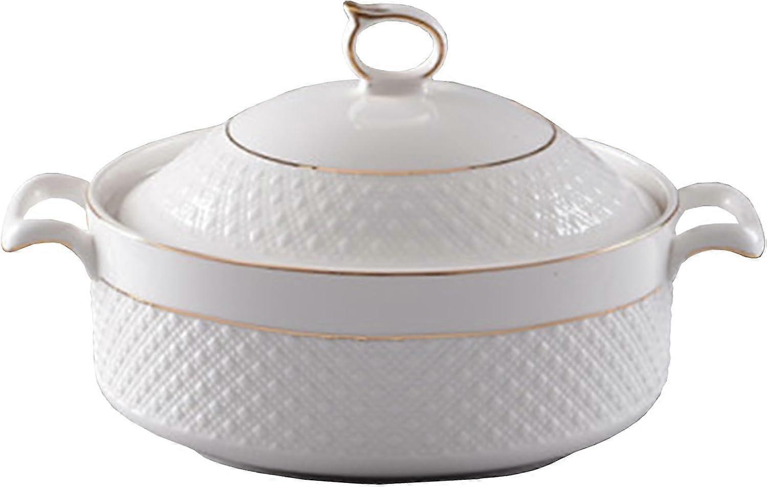 White Ceramic Soup Tureen with Gold Trim, 2.2L Large Serving Bowl with Lid and Handles