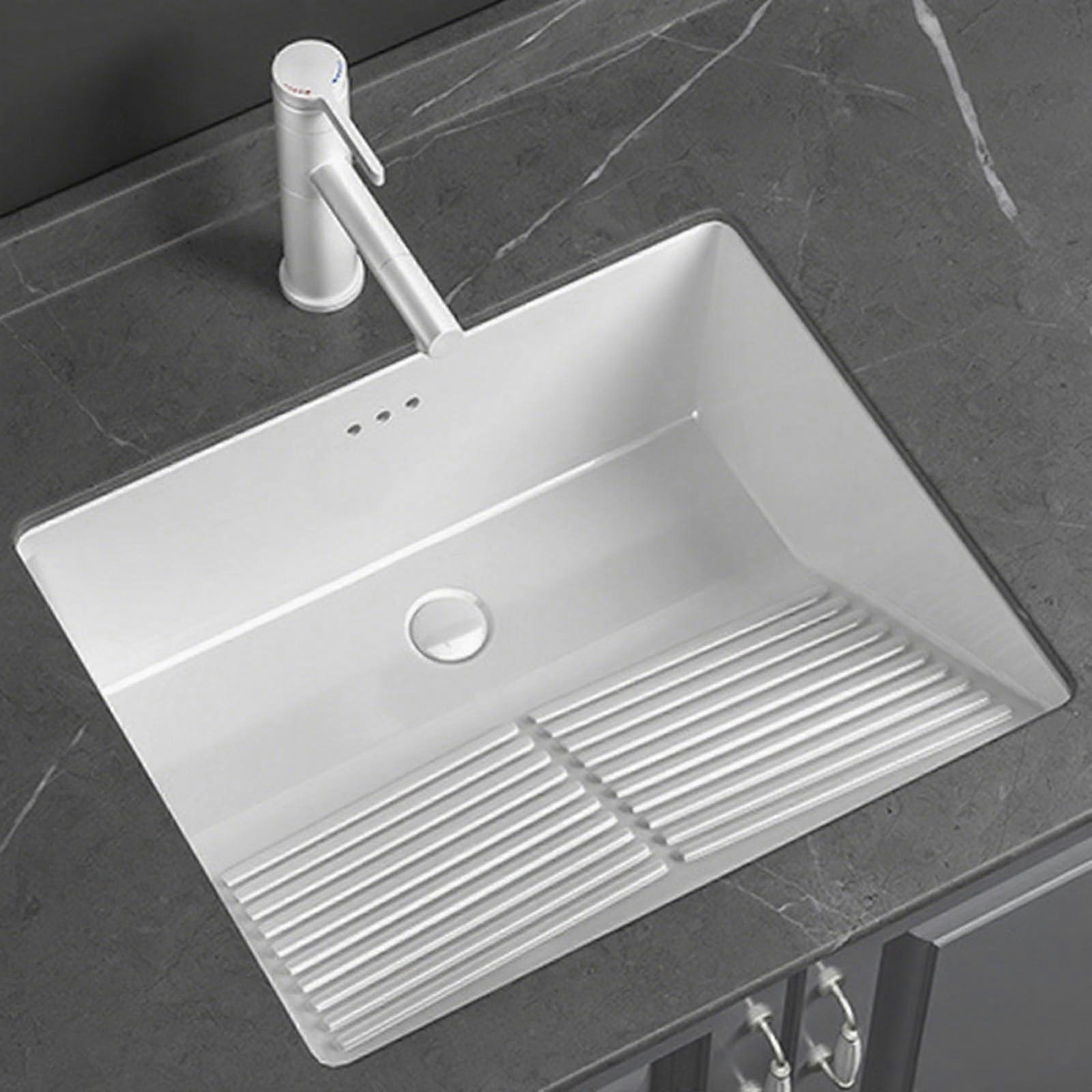 White Bathroom Undermount Sink with Overflow, Partitioned Washboard Ceramic Laundry Utility Sink 55.5x46x22cm
