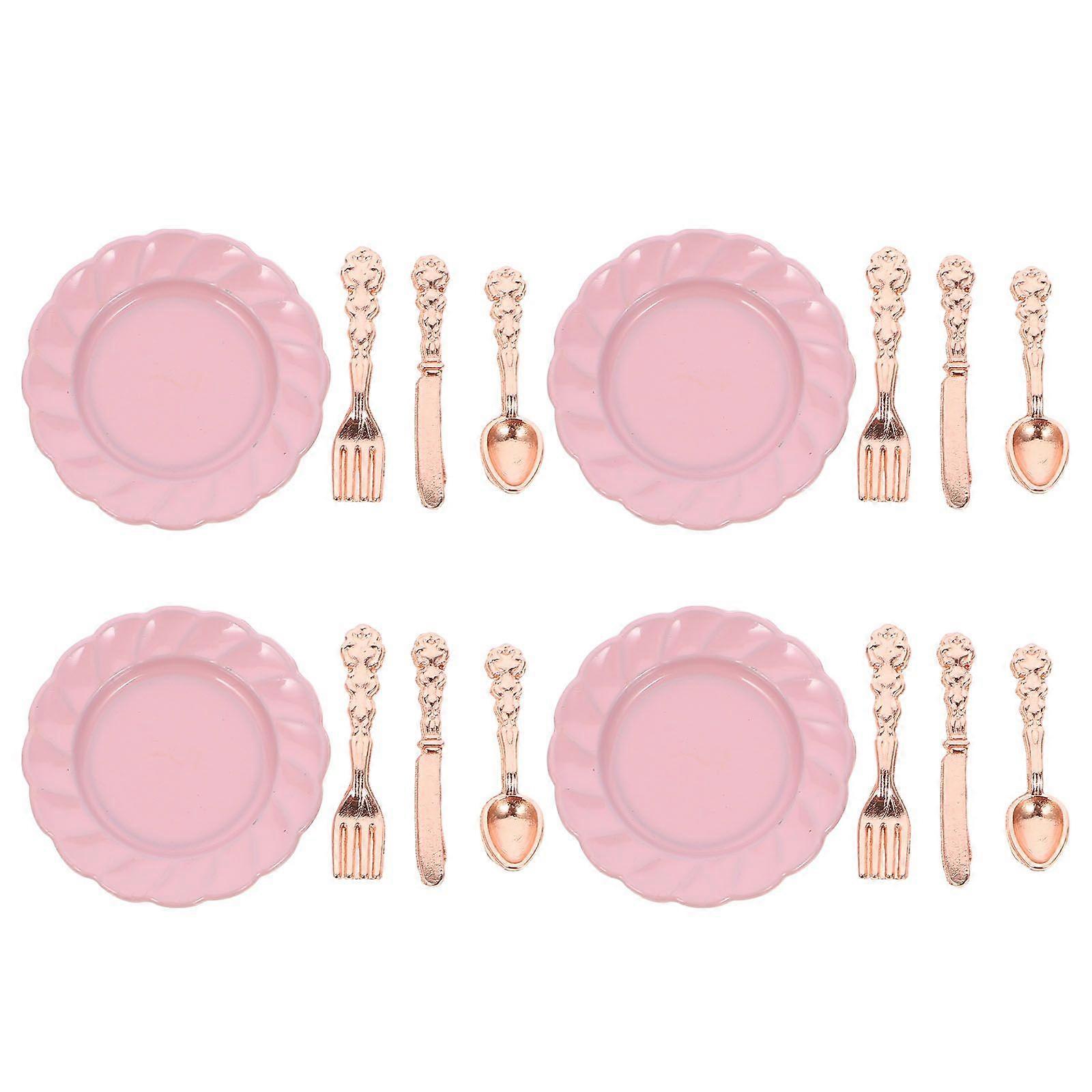 4 Sets Dollhouse Mini Plate Dish Tableware Dollhouse Mini Plate Spoon Fork Knives