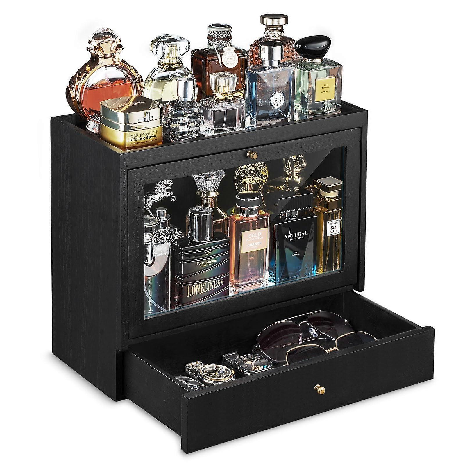 Wooden Cologne Organizer for Men, ThreeTier Perfume Storage with Drawer and Clear Dustproof Panel